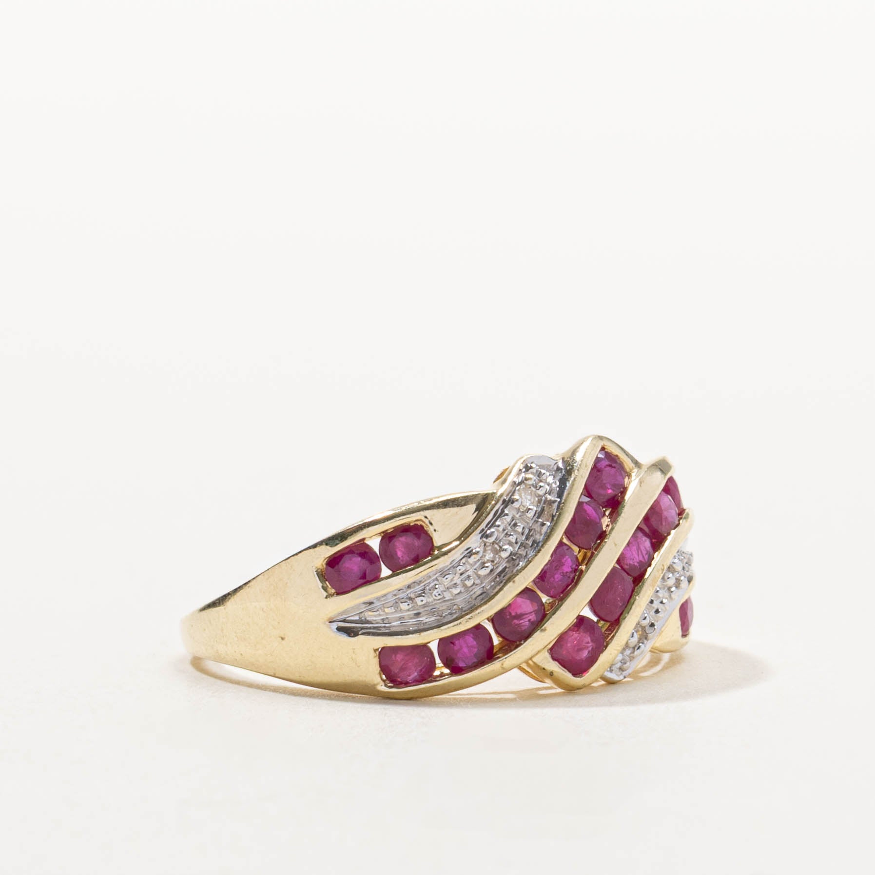 14k Channel Set Multi Row Ruby & Diamond Wave Ring | 1.00ctw, 0.02ctw | SZ 9