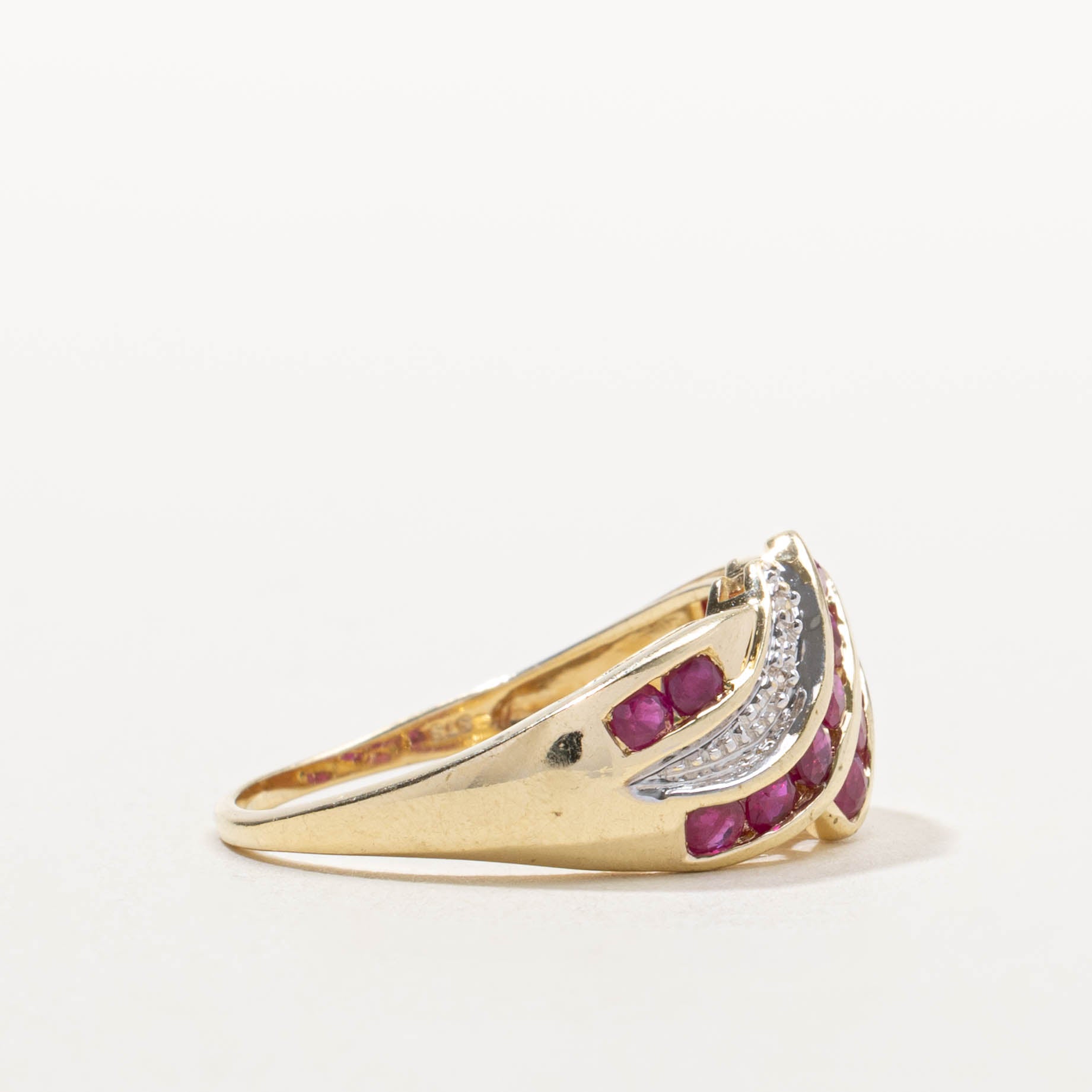 14k Channel Set Multi Row Ruby & Diamond Wave Ring | 1.00ctw, 0.02ctw | SZ 9