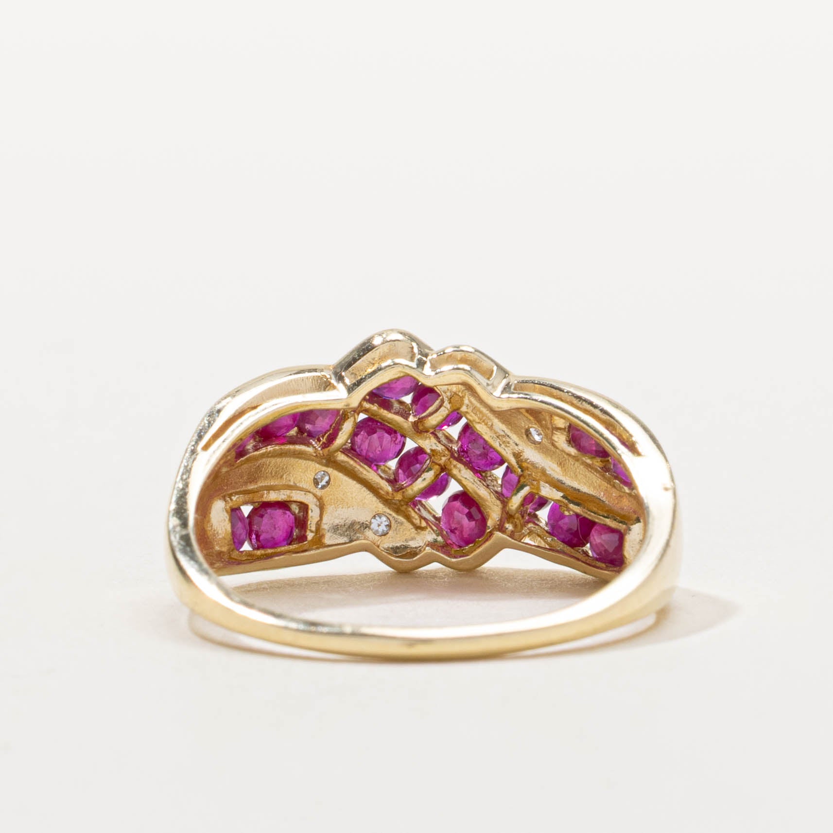 14k Channel Set Multi Row Ruby & Diamond Wave Ring | 1.00ctw, 0.02ctw | SZ 9