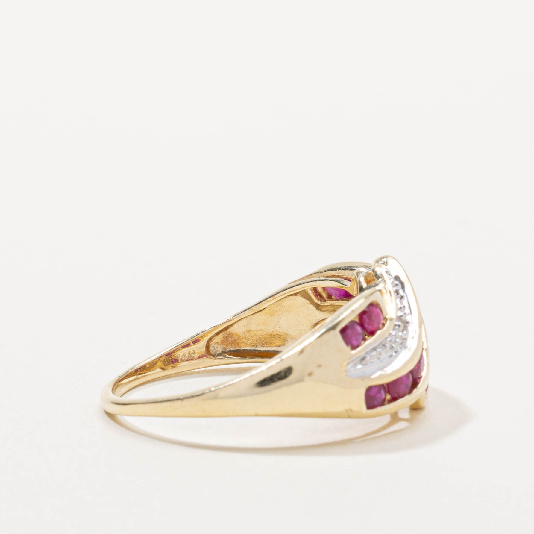 14k Channel Set Multi Row Ruby & Diamond Wave Ring | 1.00ctw, 0.02ctw | SZ 9