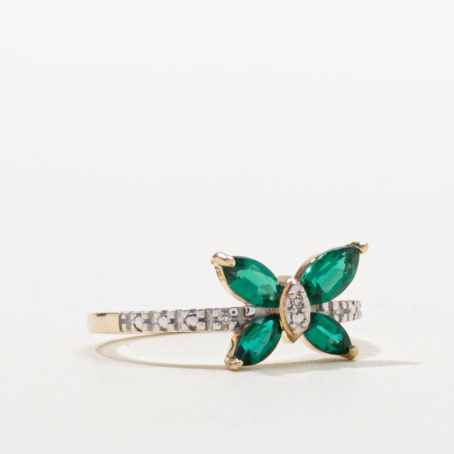 10k Synthetic Emerald & Diamond Butterfly Ring | 0.50ctw, 0.02ctw | SZ 7.25
