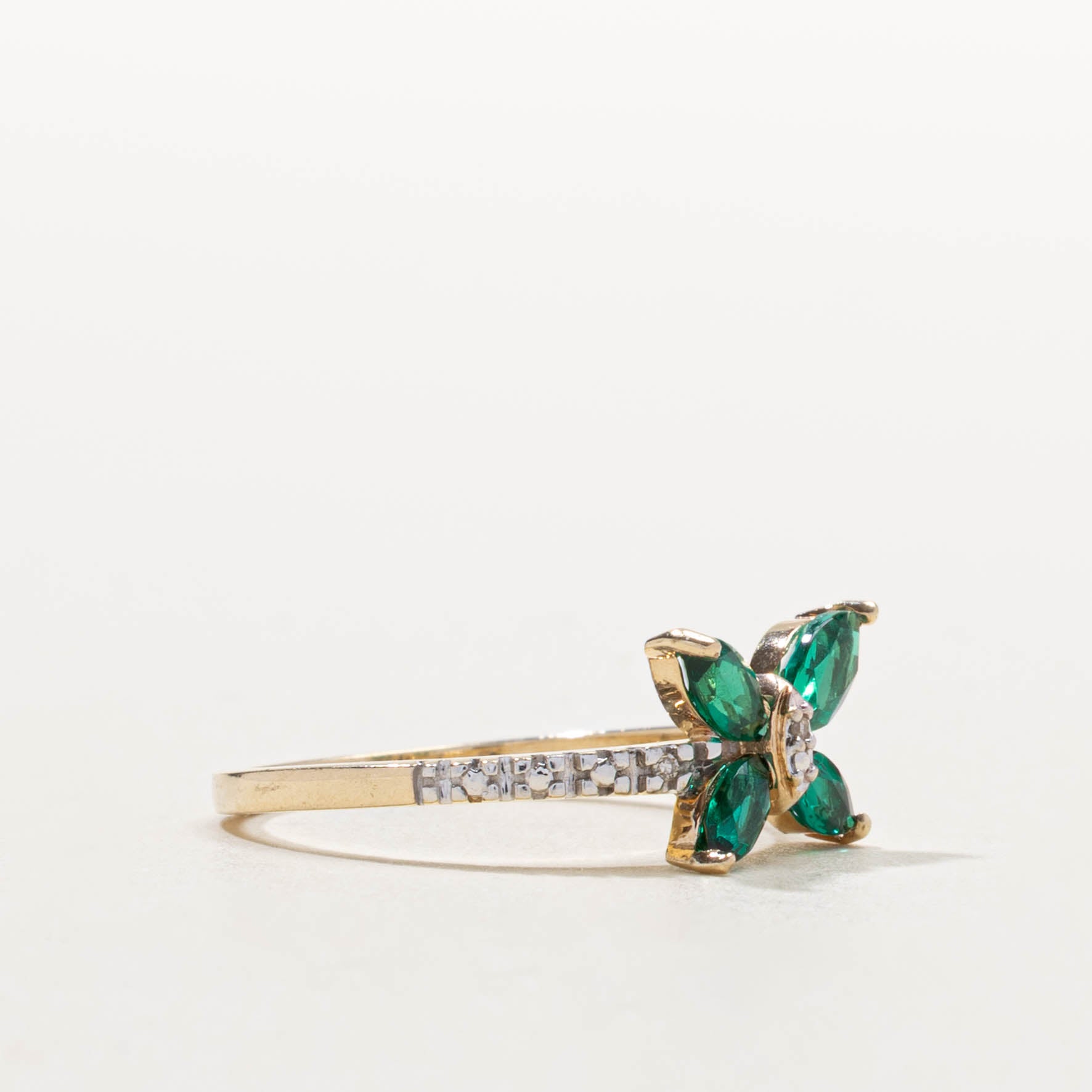 10k Synthetic Emerald & Diamond Butterfly Ring | 0.50ctw, 0.02ctw | SZ 7.25