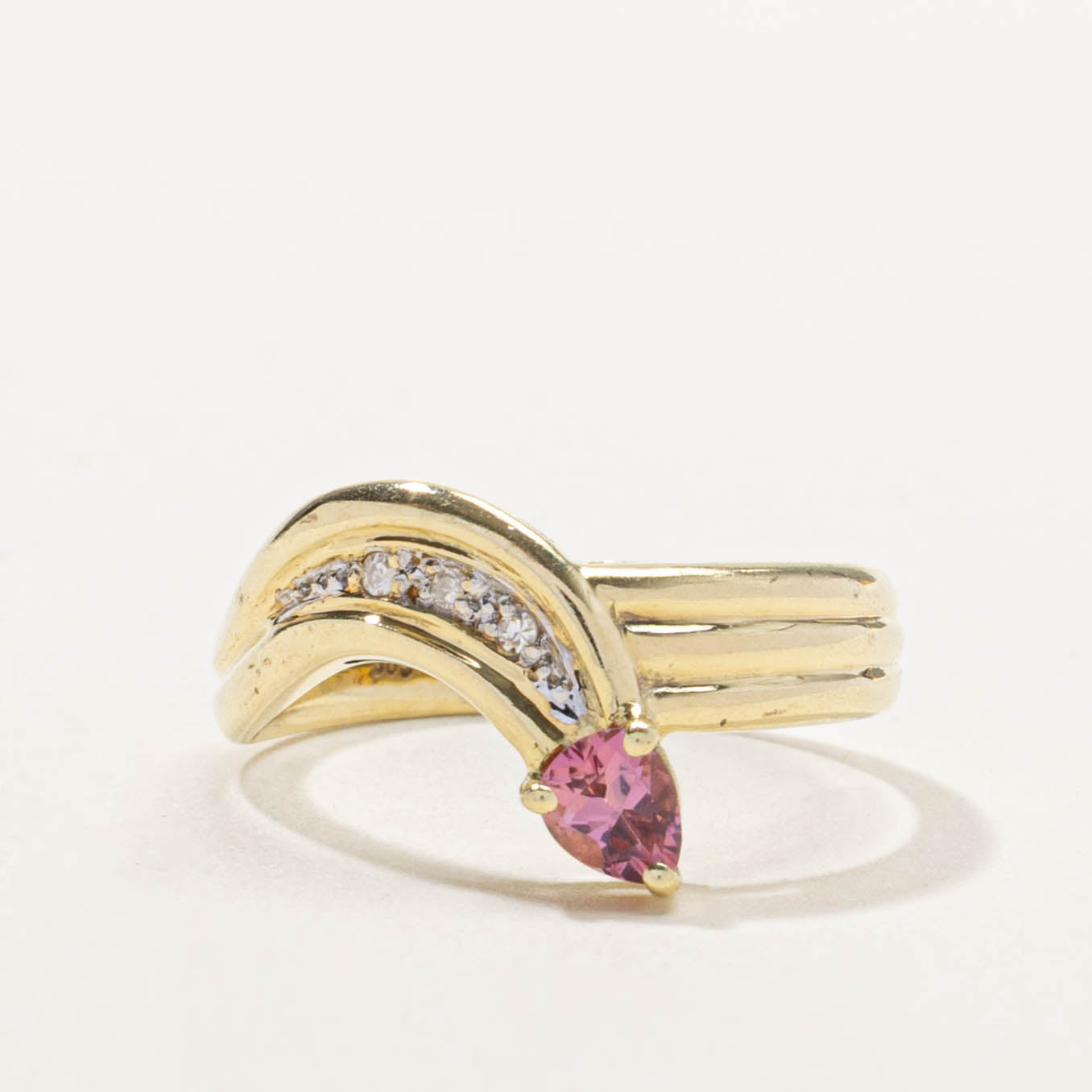 14k Pink Tourmaline & Diamond Grooved Bypass Ring | 0.25ct, 0.03ctw | SZ 6.75