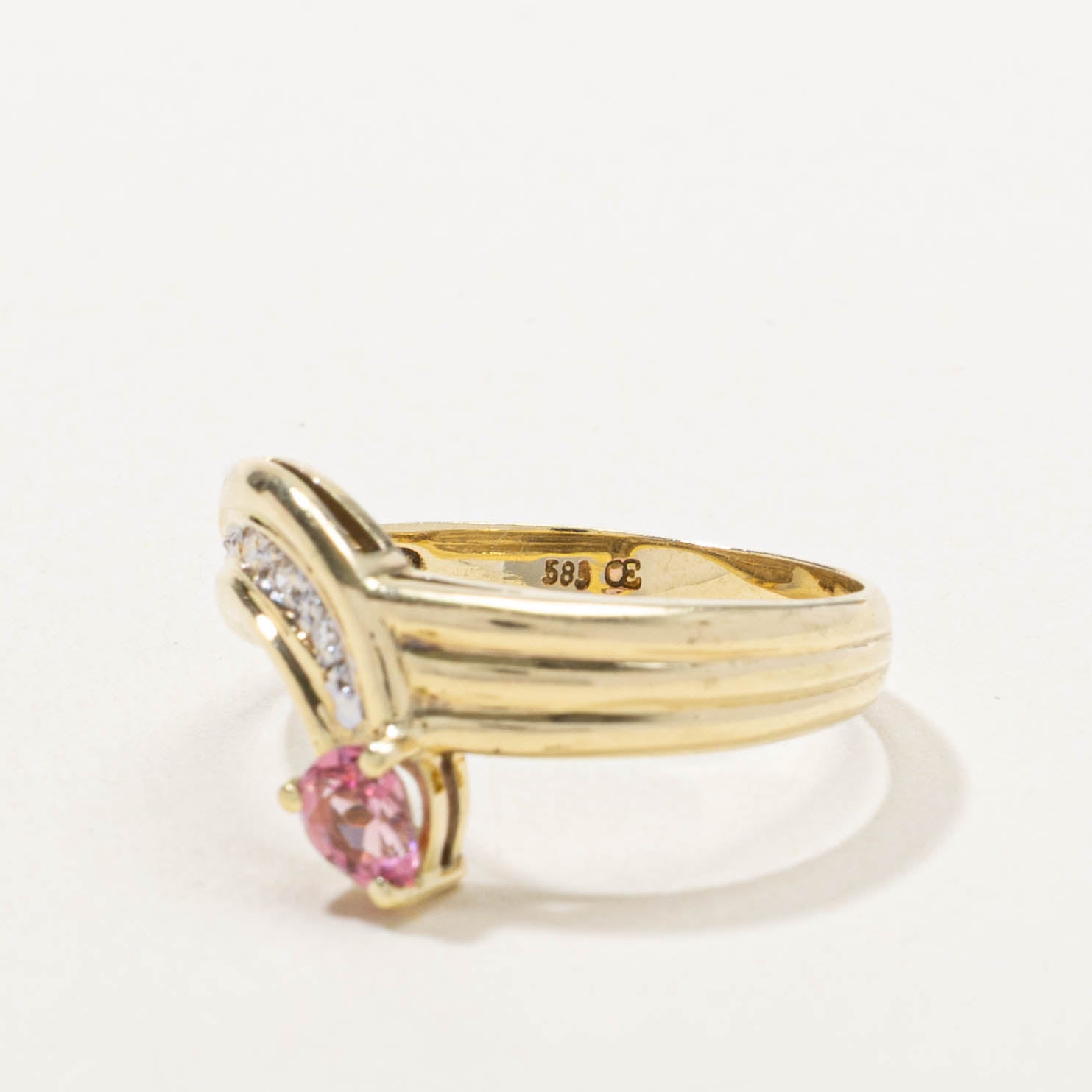 14k Pink Tourmaline & Diamond Grooved Bypass Ring | 0.25ct, 0.03ctw | SZ 6.75