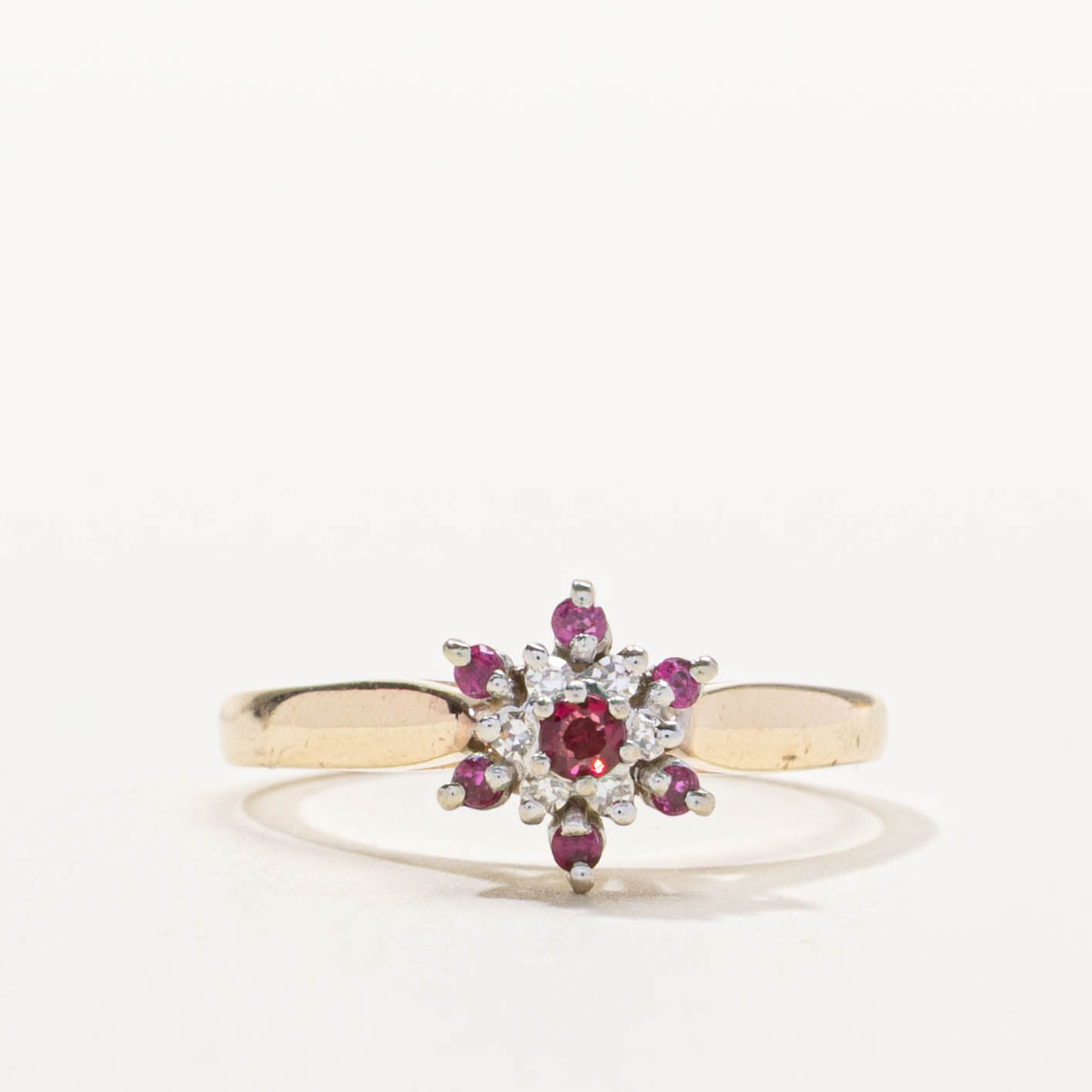 10k Ruby & Diamond Floral Cluster Ring | 0.15ctw, 0.06ctw | SZ 7.5
