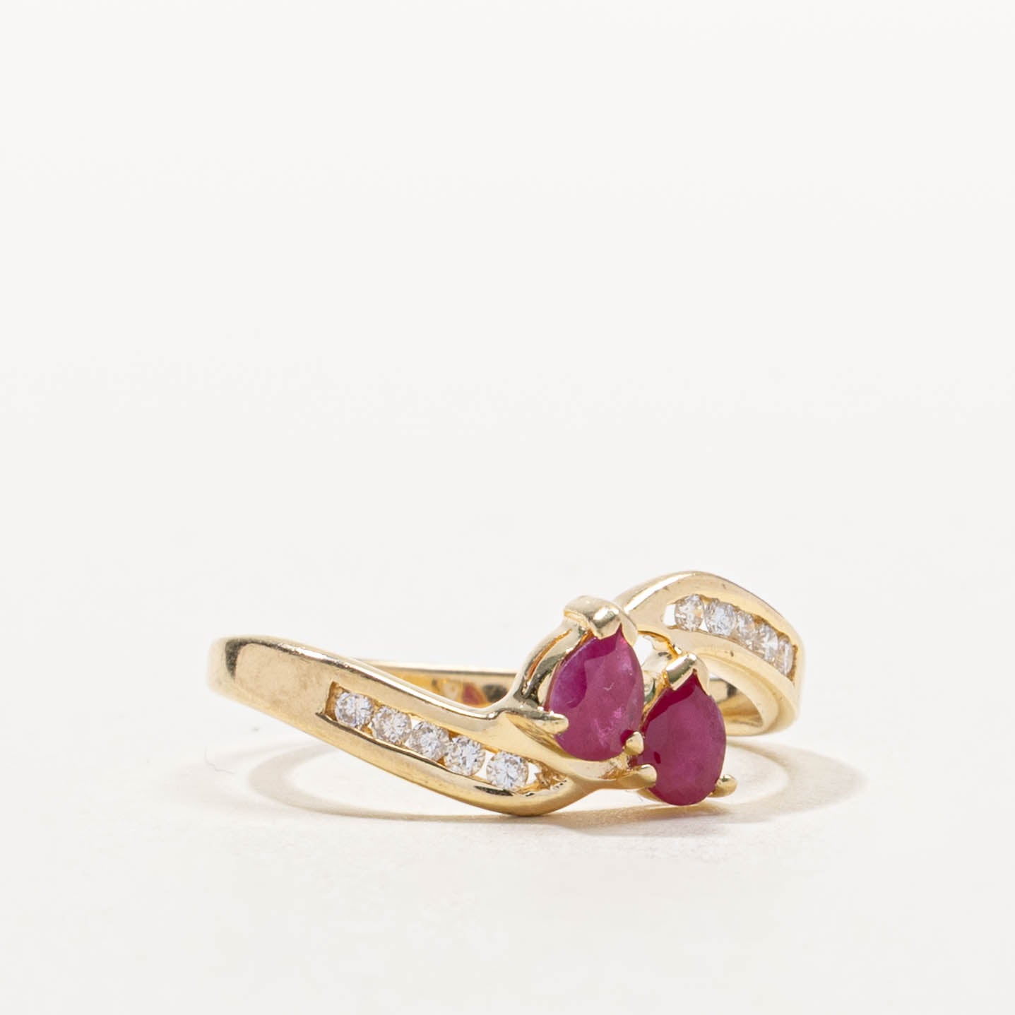 14k Two Stone Ruby & Diamond Accented Bypass Ring | 0.30ctw, 0.10ctw | SZ 6