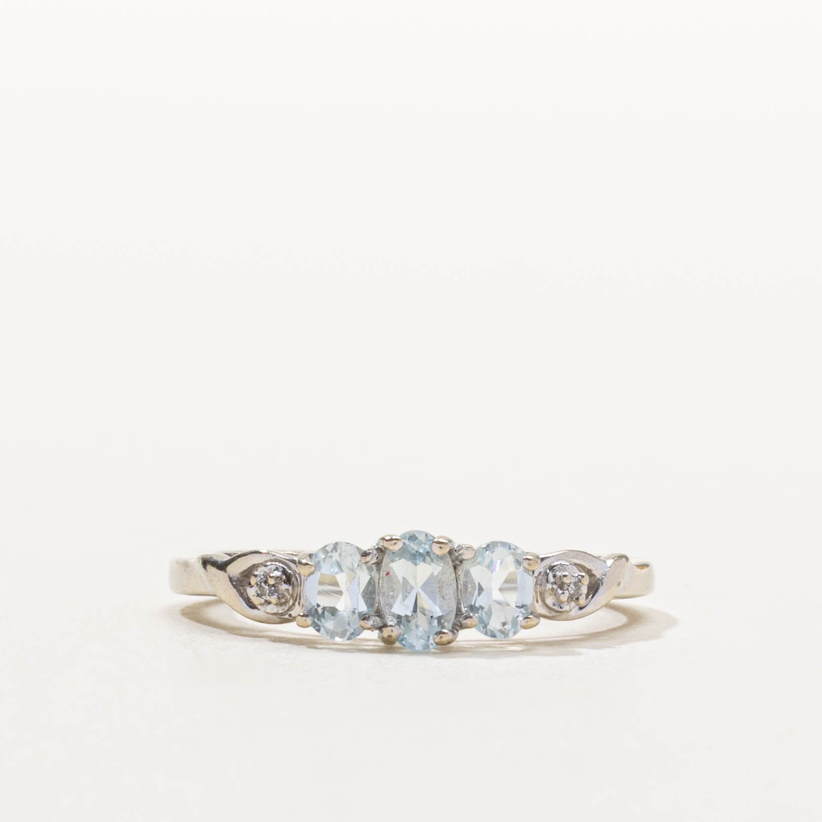 10k Three Stone Aquamarine & Diamond Accented Ring | 0.50ctw, 0.01ctw | SZ 6