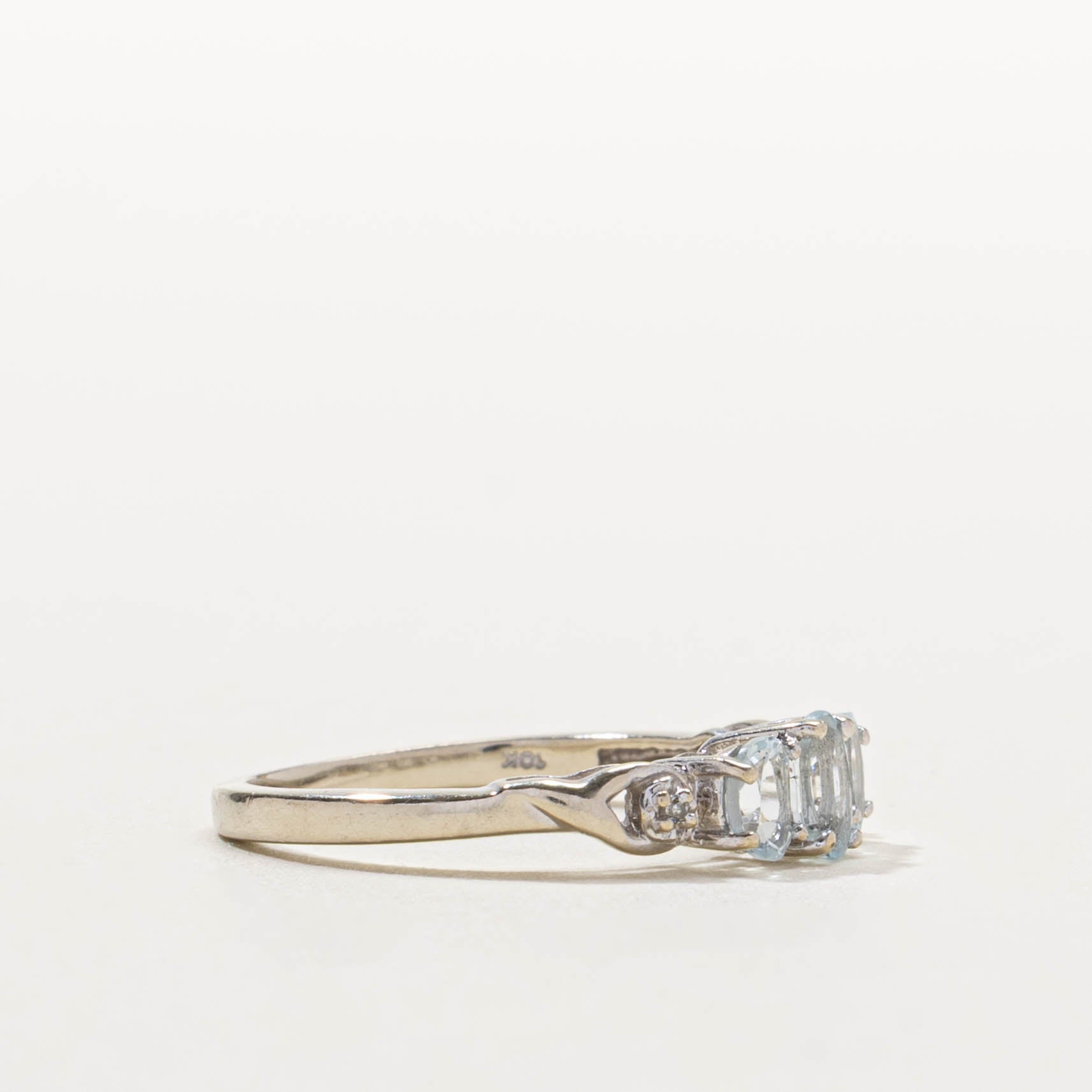 10k Three Stone Aquamarine & Diamond Accented Ring | 0.50ctw, 0.01ctw | SZ 6
