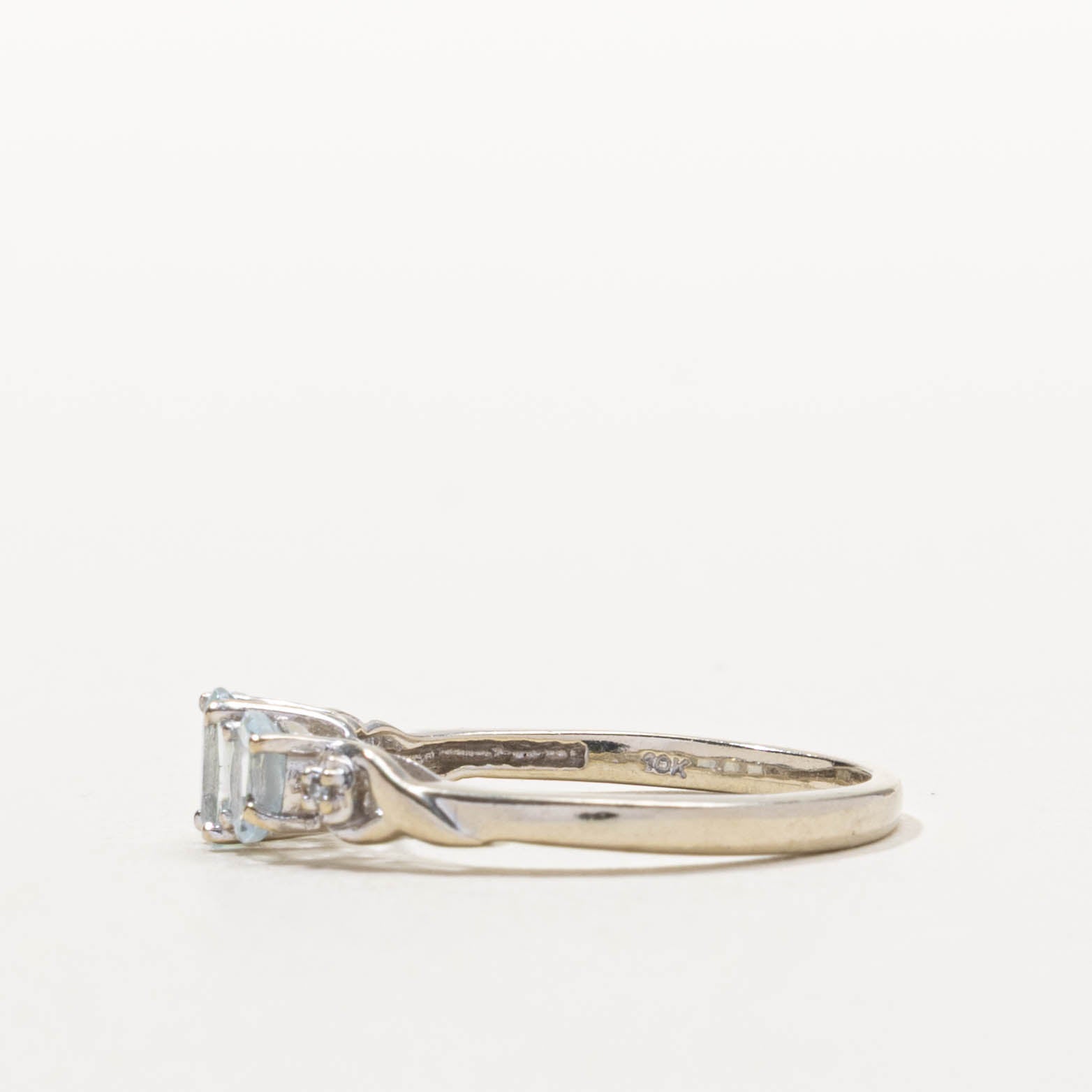 10k Three Stone Aquamarine & Diamond Accented Ring | 0.50ctw, 0.01ctw | SZ 6