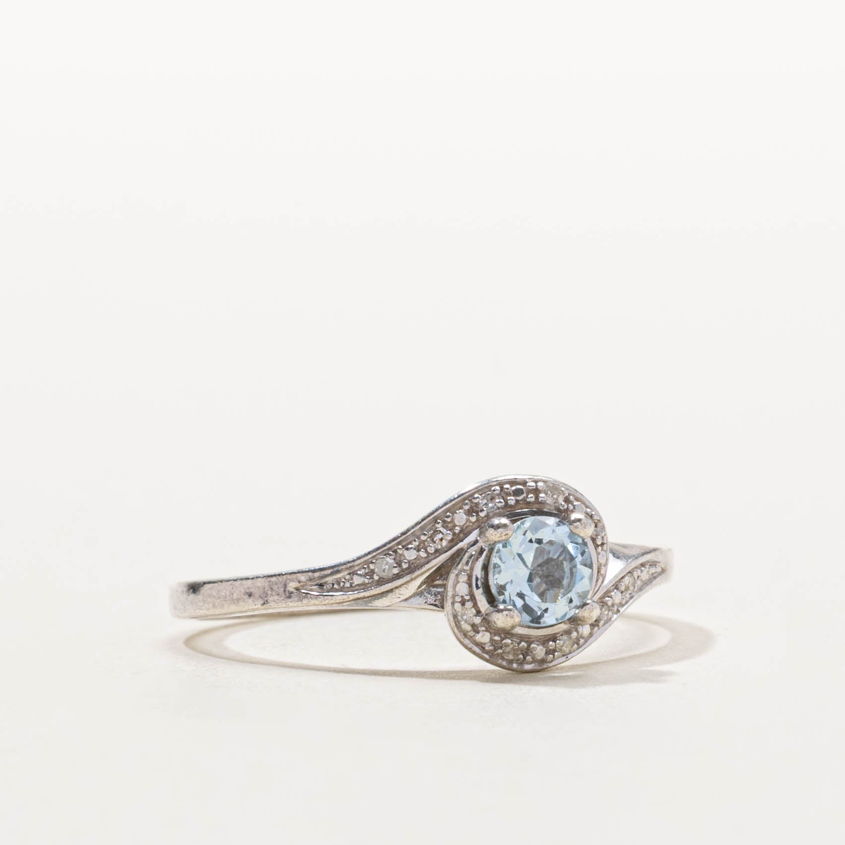 10k Aquamarine & Diamond Halo Bypass Ring | 0.40ct, 0.04ctw | SZ 9
