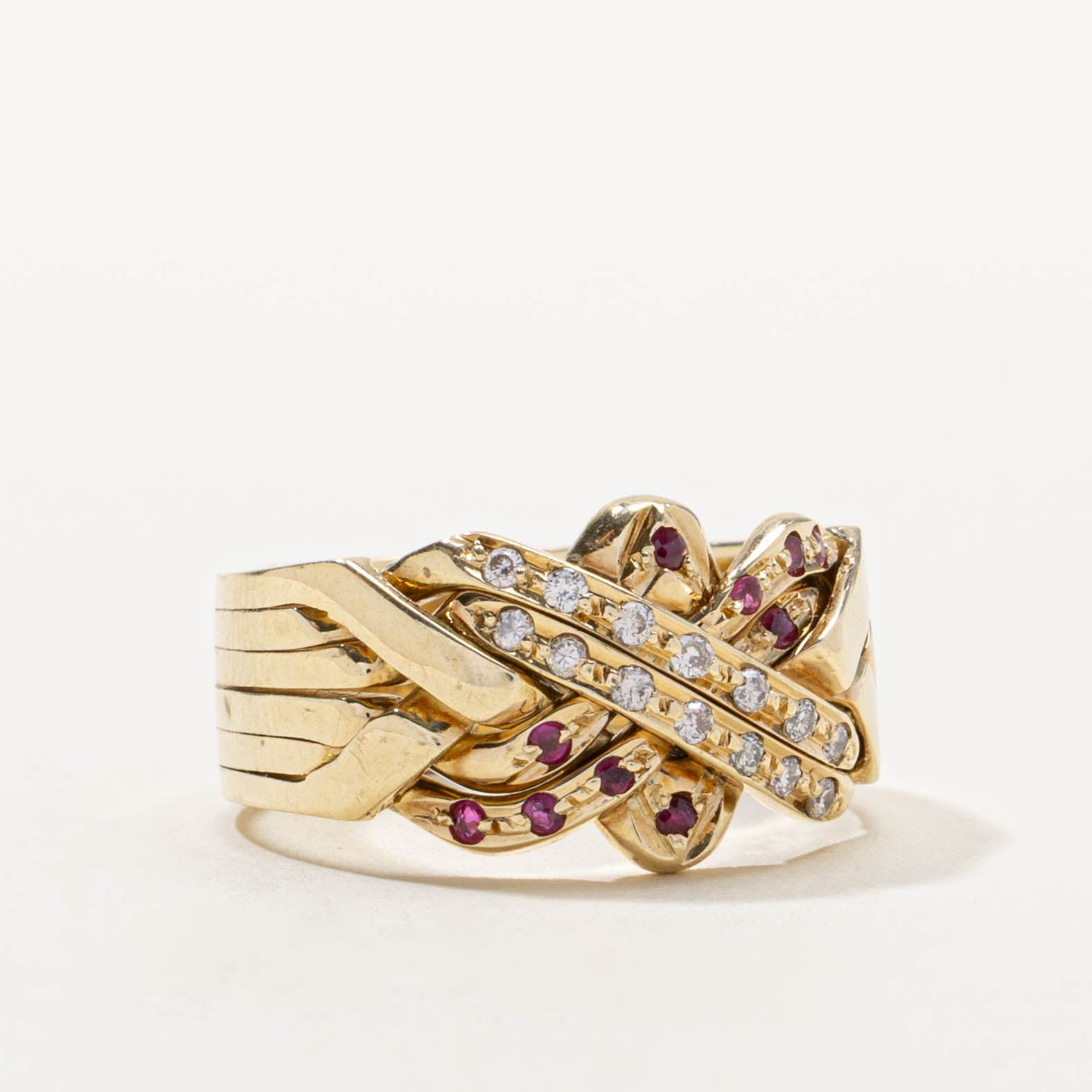 80s Ruby & Diamond Soldered Puzzle Ring | 0.10ctw, 0.14ctw | SZ 8