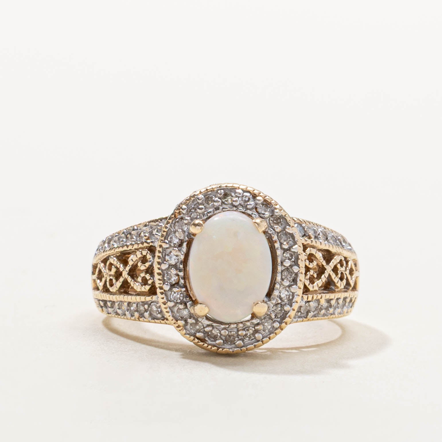 10k Opal & Diamond Halo Ring | 0.80ct, 0.30ctw | SZ 6.25