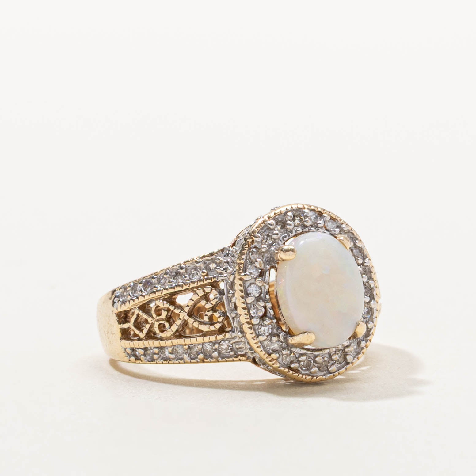 10k Opal & Diamond Halo Ring | 0.80ct, 0.30ctw | SZ 6.25