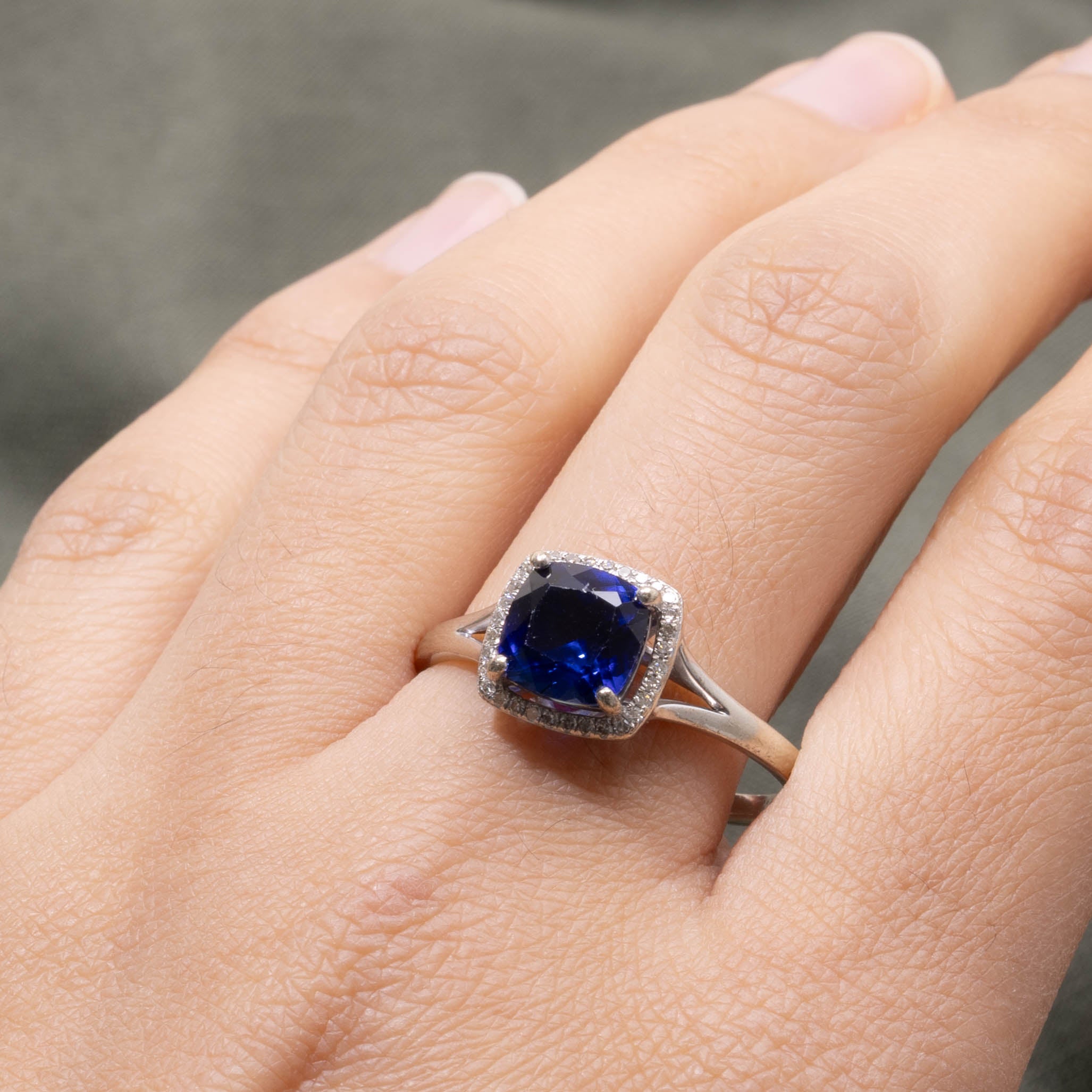 10k Cushion Cut Synthetic Sapphire & Diamond Halo Ring | 2.50ct, 0.10ctw | SZ 12.75