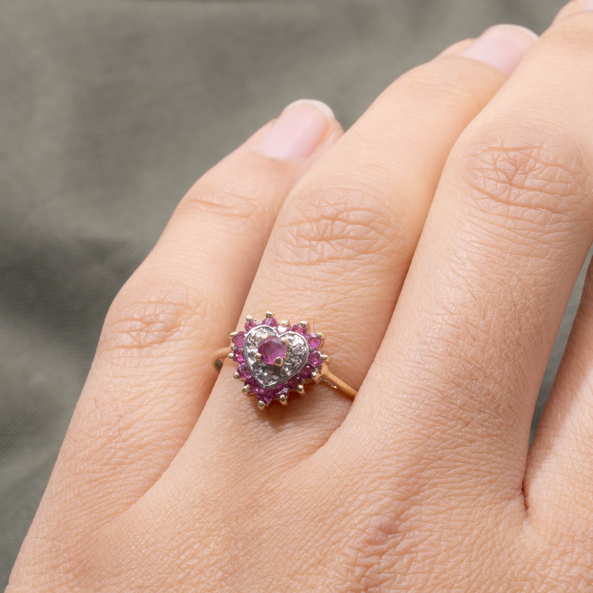 10k Ruby & Diamond Heart Cluster Ring | 0.45ctw, 0.03ctw | SZ 7.25