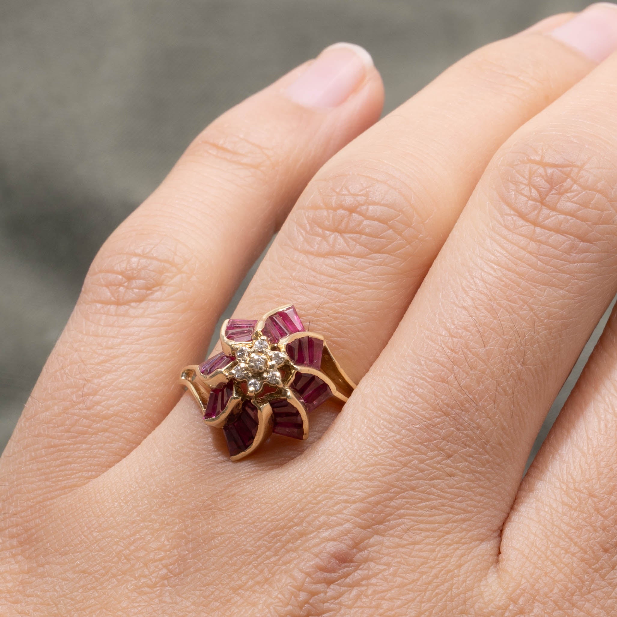 14k Ruby & Diamond Spiral Flower Ring | 2.02ctw, 0.07ctw | SZ 8