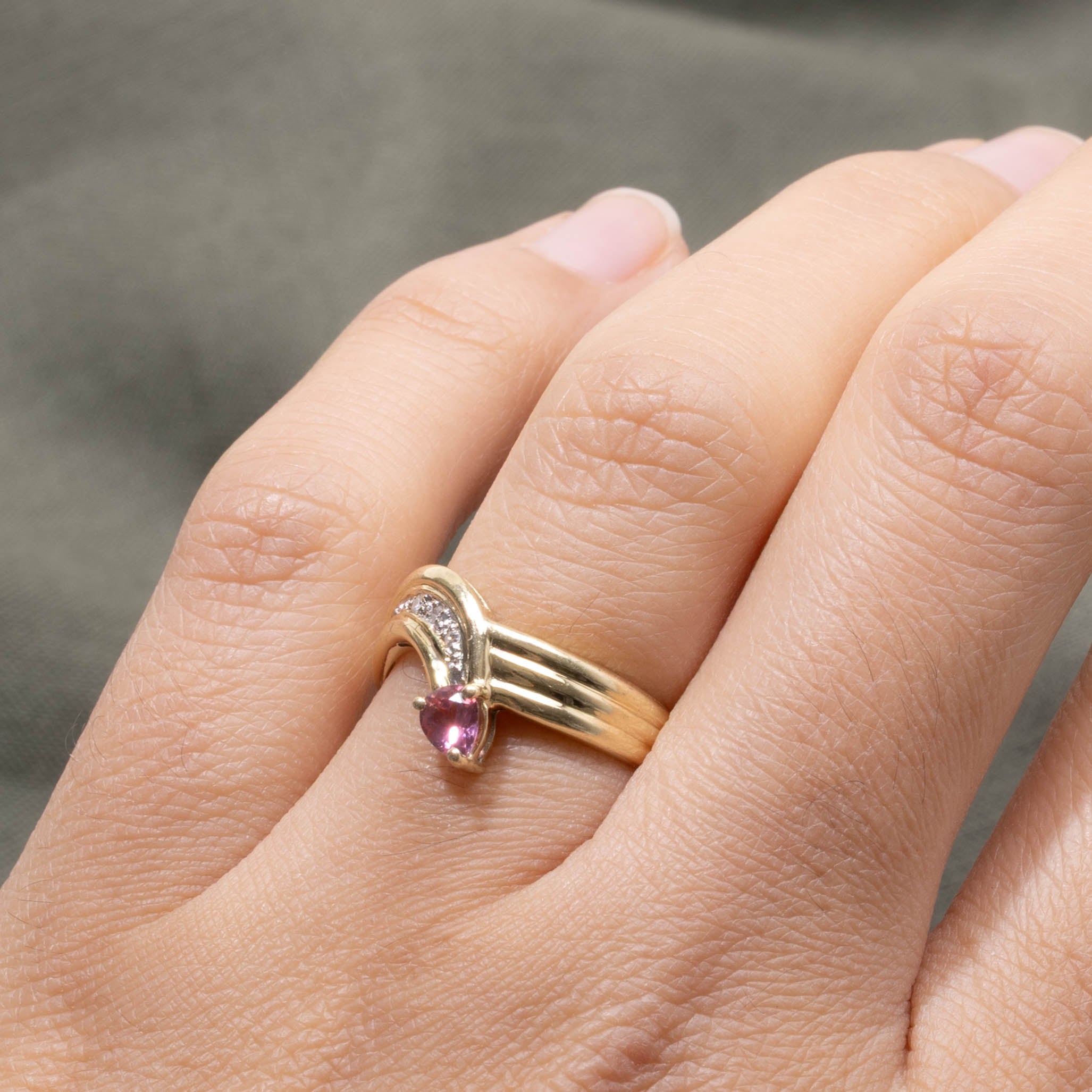 14k Pink Tourmaline & Diamond Grooved Bypass Ring | 0.25ct, 0.03ctw | SZ 6.75