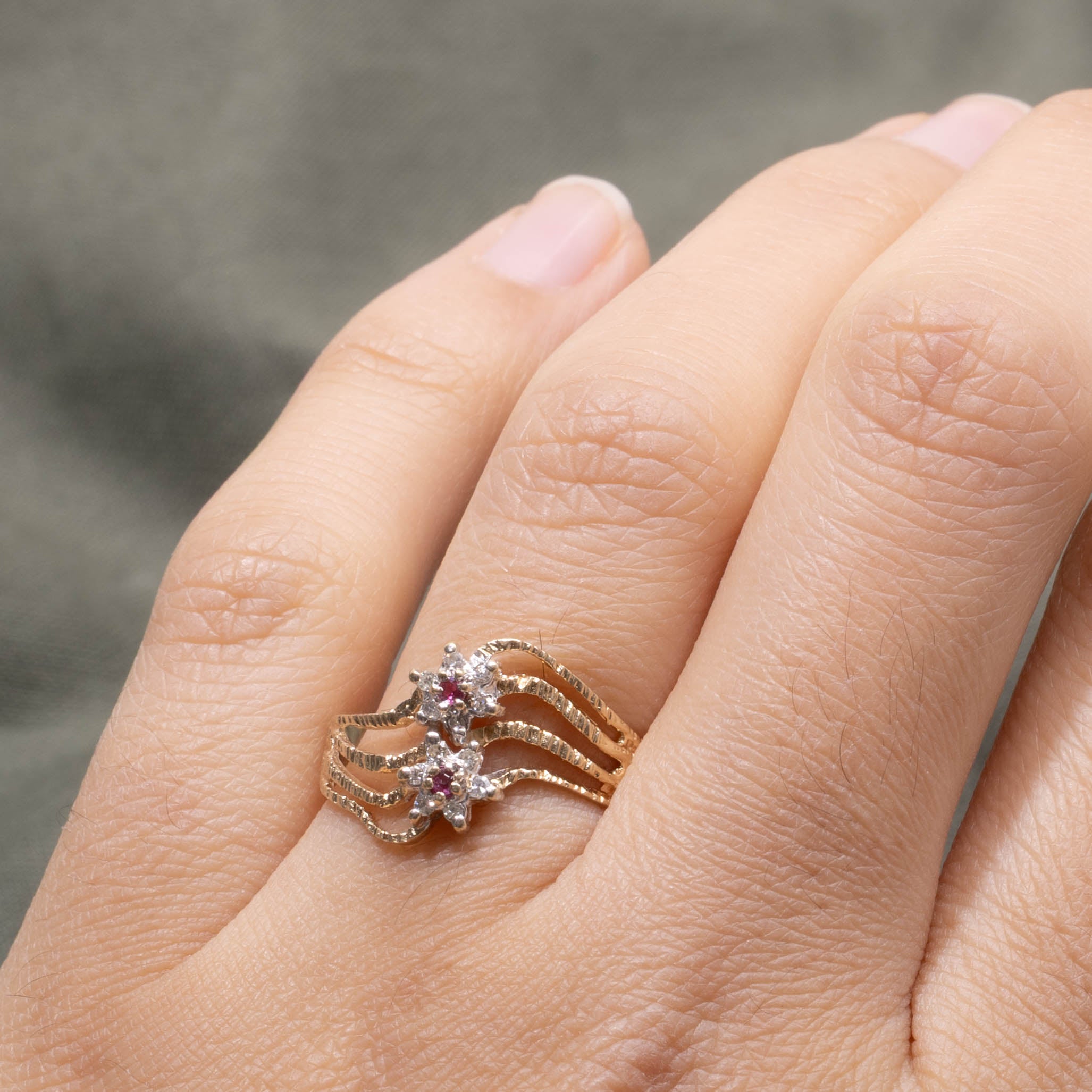 10k Ruby & Diamond Cluster Wave Ring | 0.04ctw, 0.06ctw | SZ 8