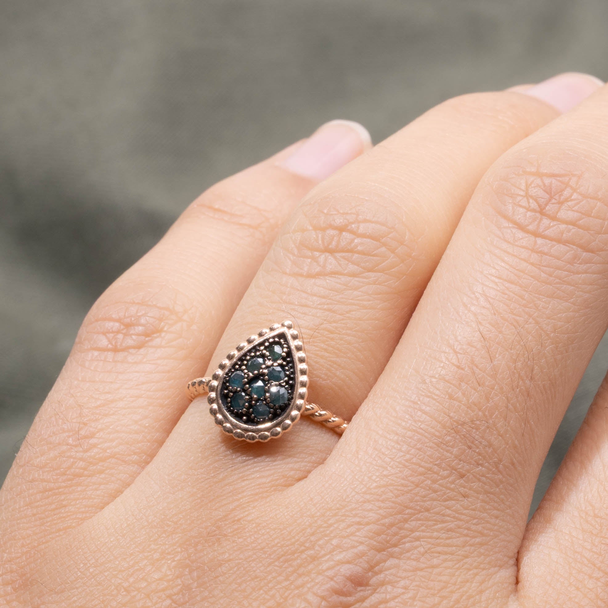 14k Rose Cut Blue Diamond Teardrop Ring | 0.16ctw | SZ 5.75