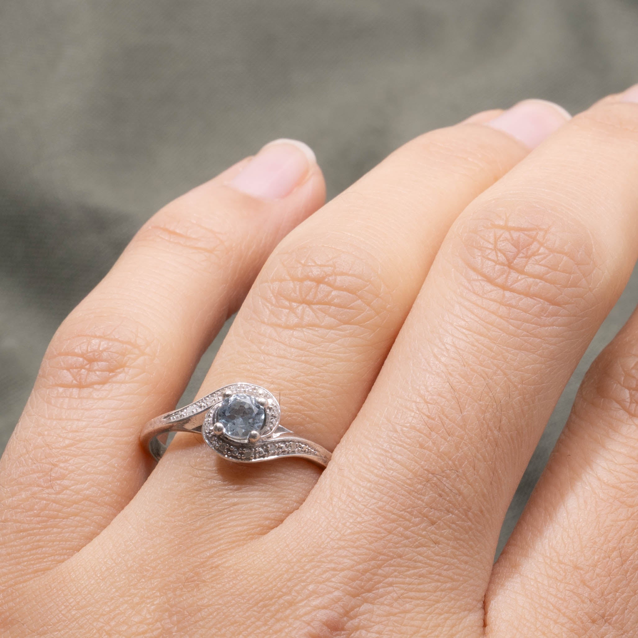 10k Aquamarine & Diamond Halo Bypass Ring | 0.40ct, 0.04ctw | SZ 9
