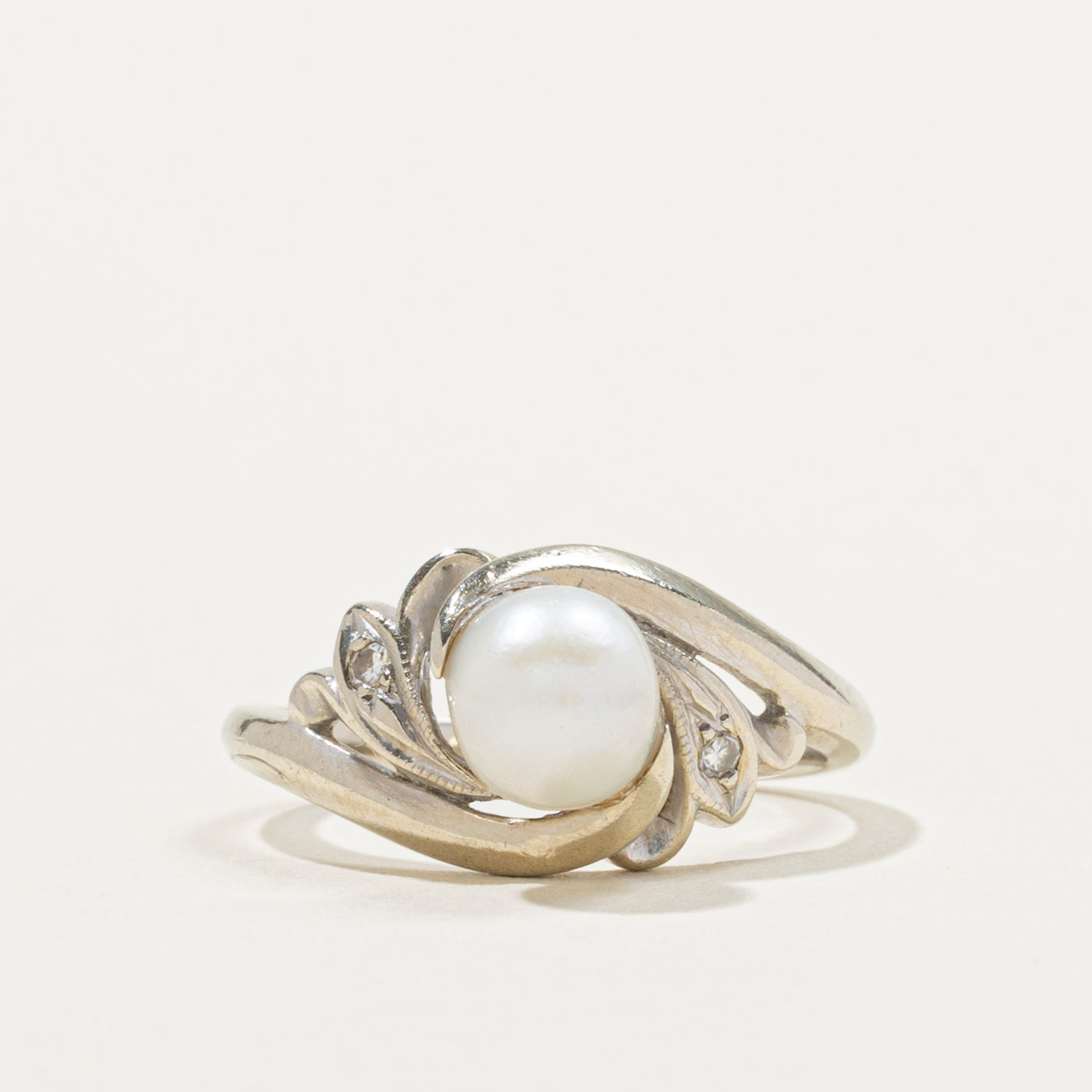 'Birks' Diamond & Pearl Grooved Bypass Ring | 0.02ctw | SZ 5.25