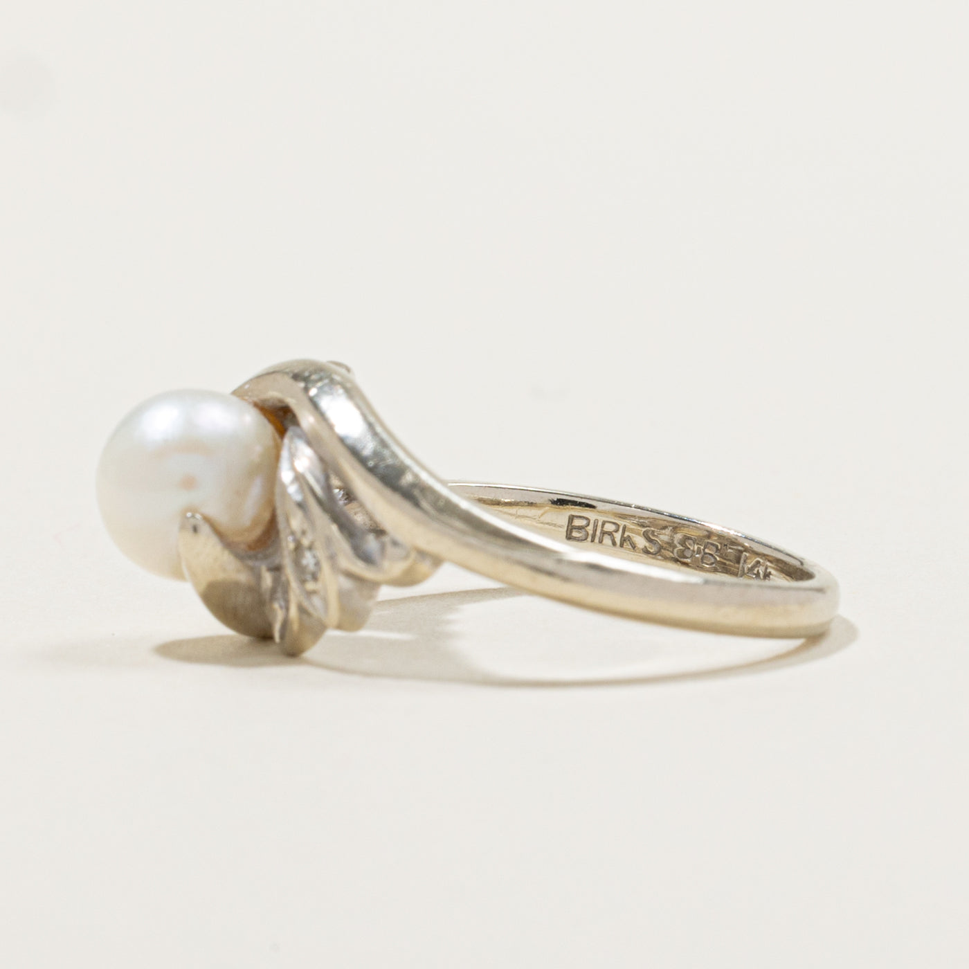 'Birks' Diamond & Pearl Grooved Bypass Ring | 0.02ctw | SZ 5.25