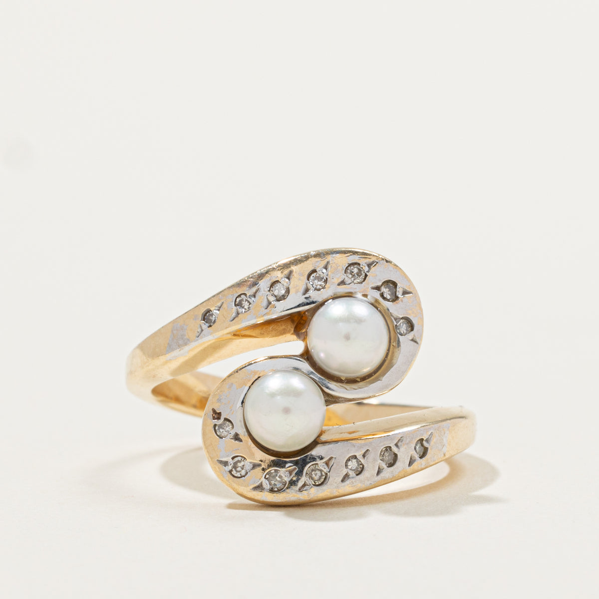 10k Two Stone Diamond & Cultured Pearl Bypass Ring | 0.07ctw | SZ 7.25