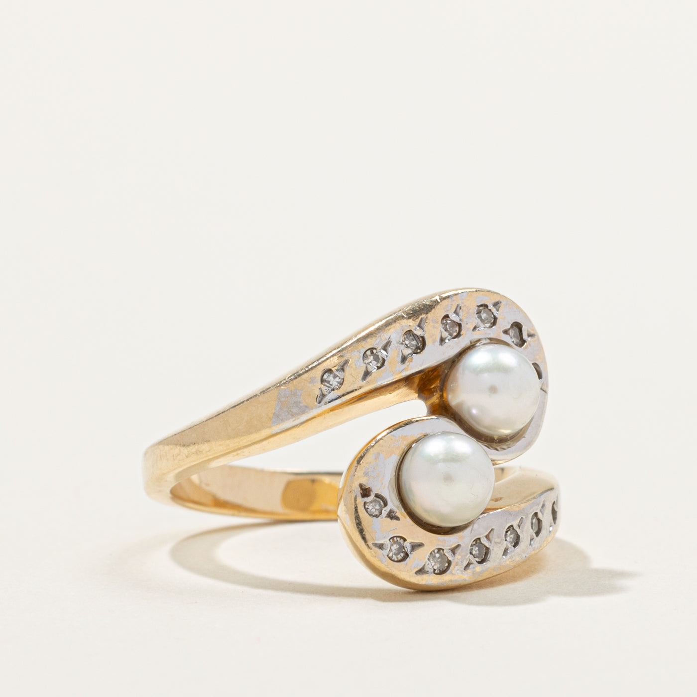 10k Two Stone Diamond & Cultured Pearl Bypass Ring | 0.07ctw | SZ 7.25