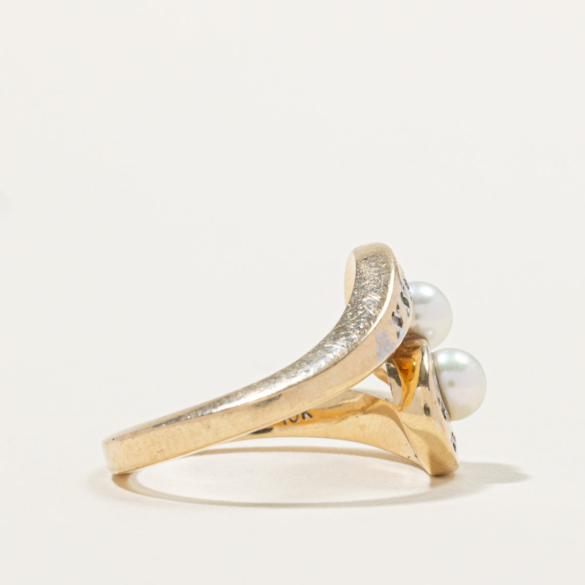 10k Two Stone Diamond & Cultured Pearl Bypass Ring | 0.07ctw | SZ 7.25