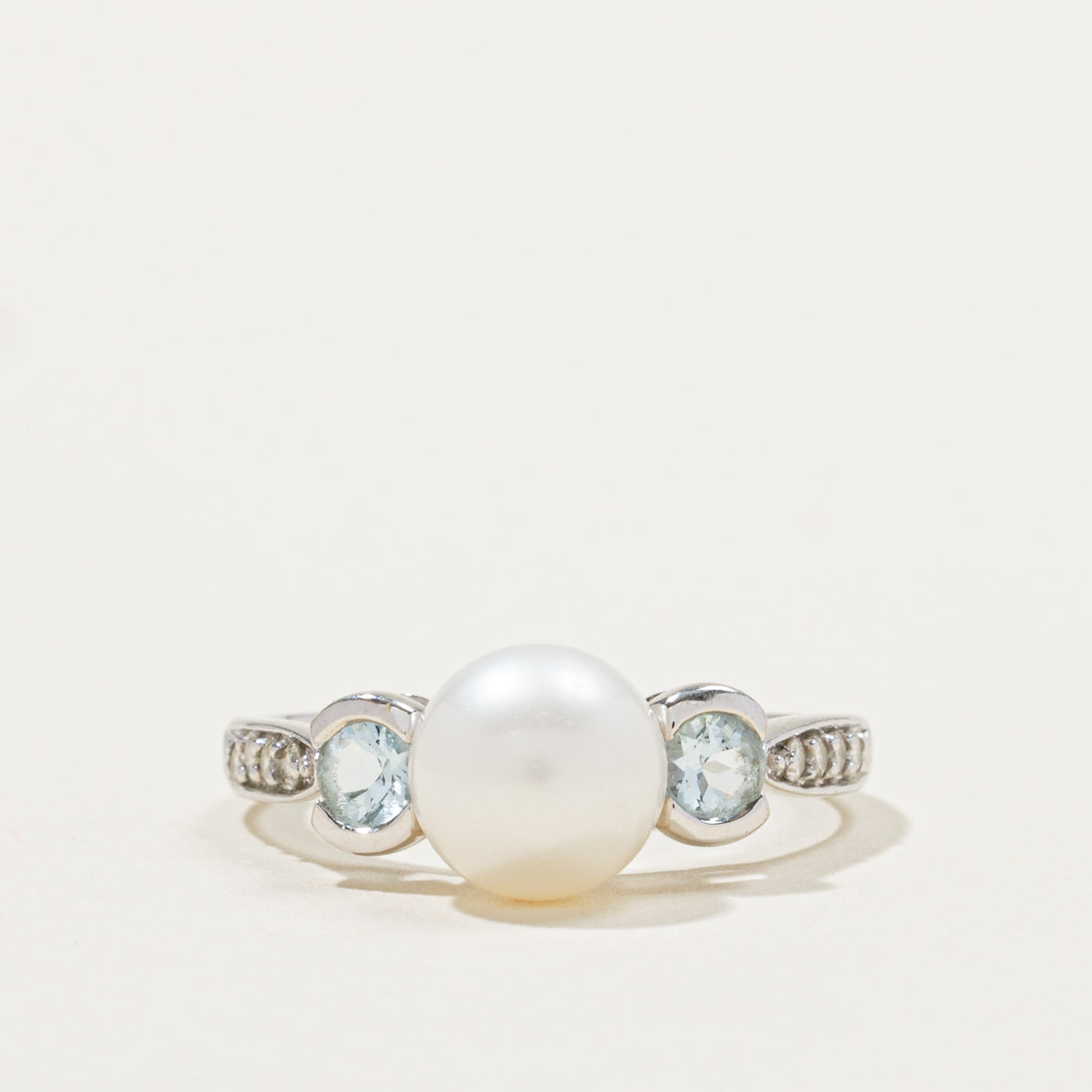 14k Cultured Pearl, Aquamarine & Diamond Accented Ring | 0.22ctw, 0.08ctw | SZ 7.25