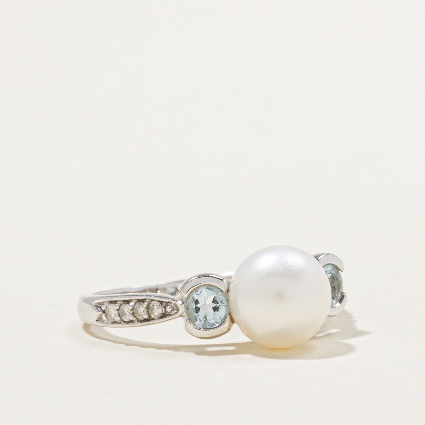 14k Cultured Pearl, Aquamarine & Diamond Accented Ring | 0.22ctw, 0.08ctw | SZ 7.25