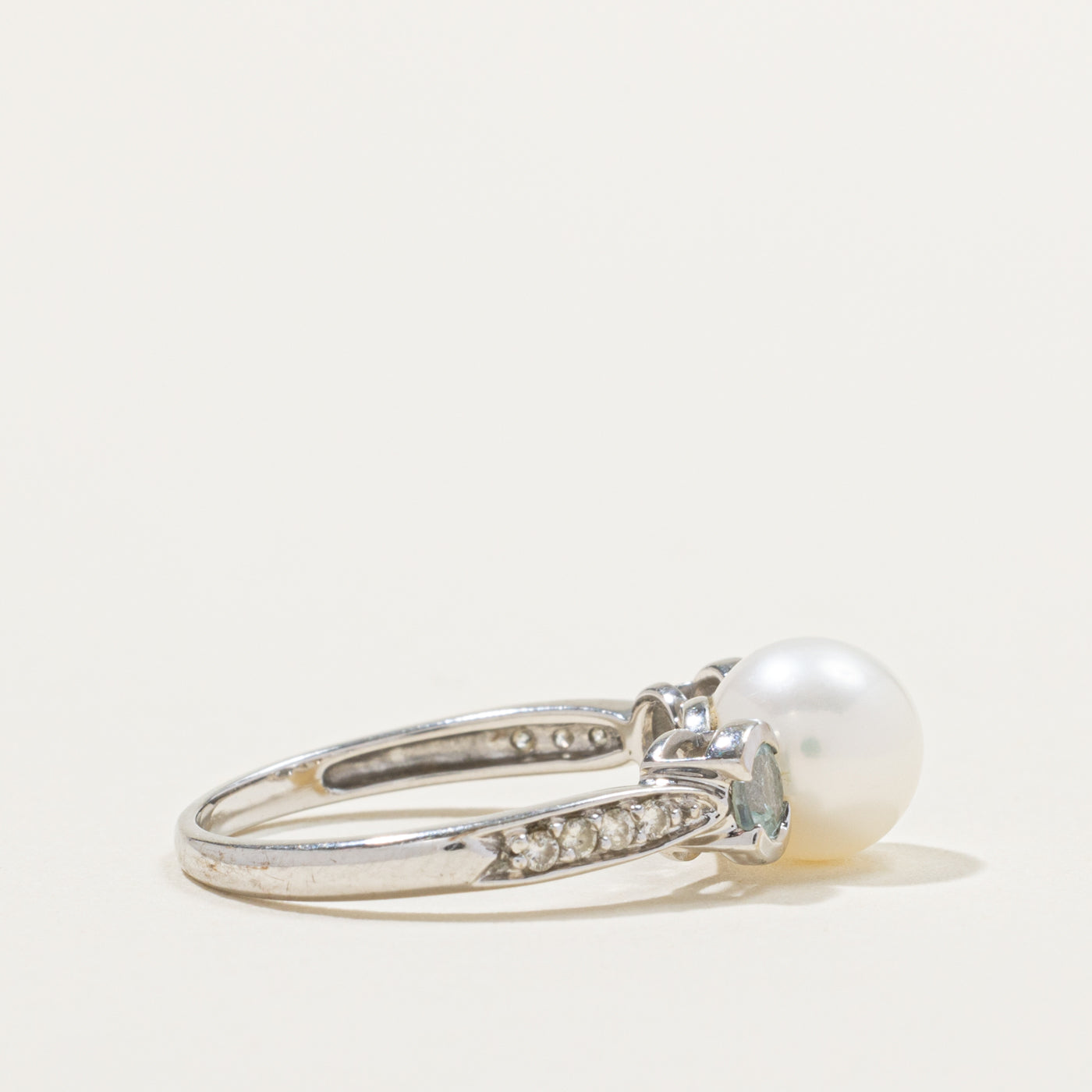 14k Cultured Pearl, Aquamarine & Diamond Accented Ring | 0.22ctw, 0.08ctw | SZ 7.25