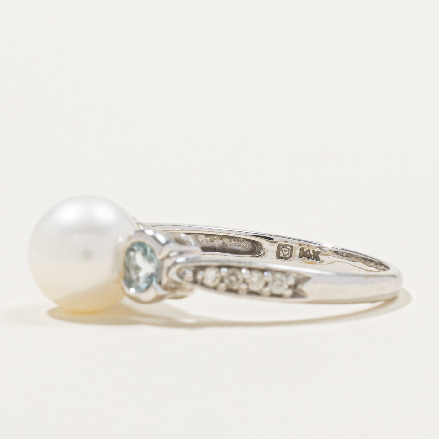 14k Cultured Pearl, Aquamarine & Diamond Accented Ring | 0.22ctw, 0.08ctw | SZ 7.25