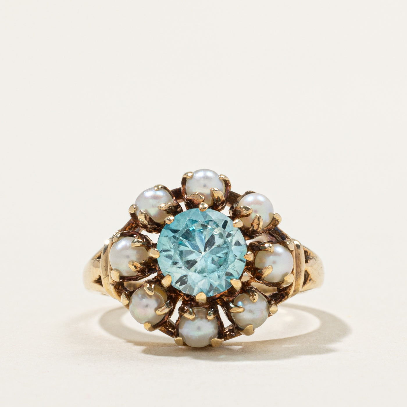 10k Blue Zircon & Seed Pearl Openwork Halo Ring | 1.50ct | SZ 6