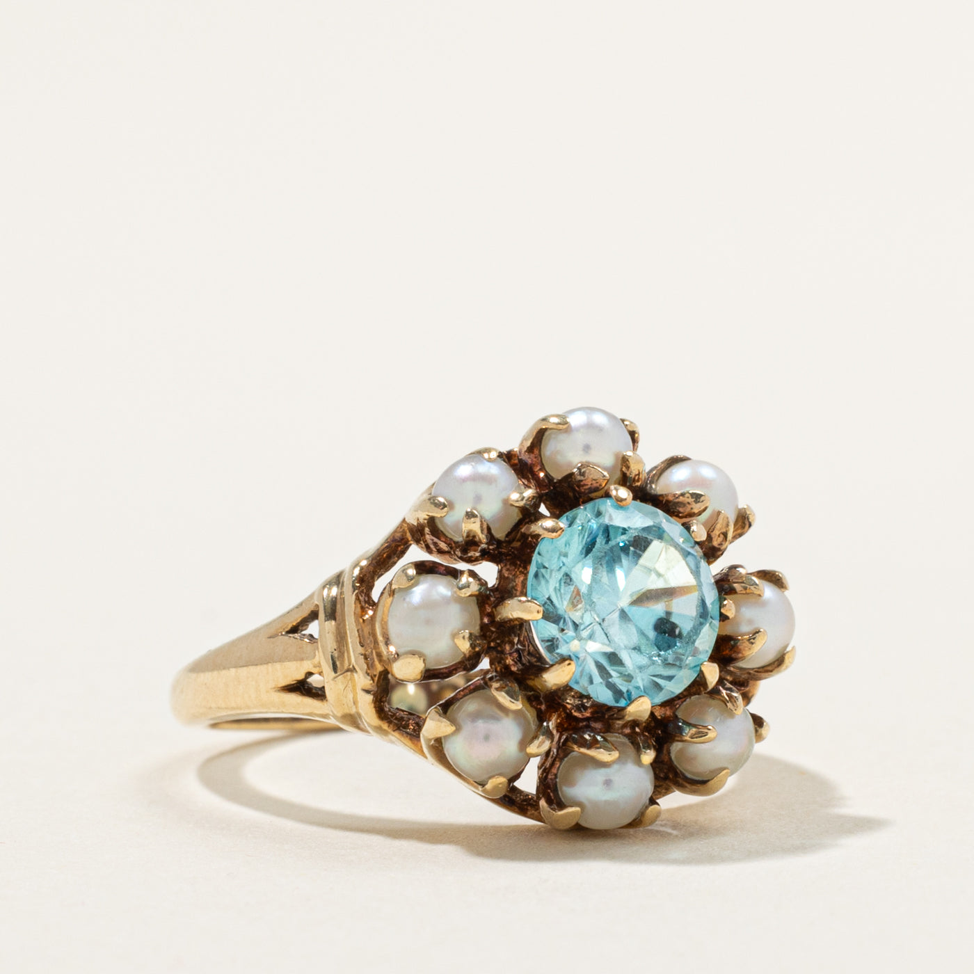 10k Blue Zircon & Seed Pearl Openwork Halo Ring | 1.50ct | SZ 6