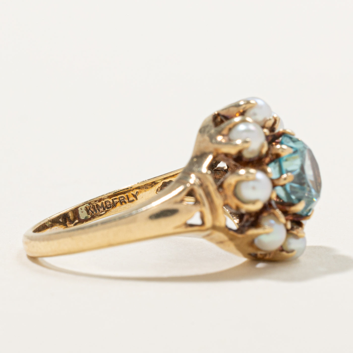 10k Blue Zircon & Seed Pearl Openwork Halo Ring | 1.50ct | SZ 6