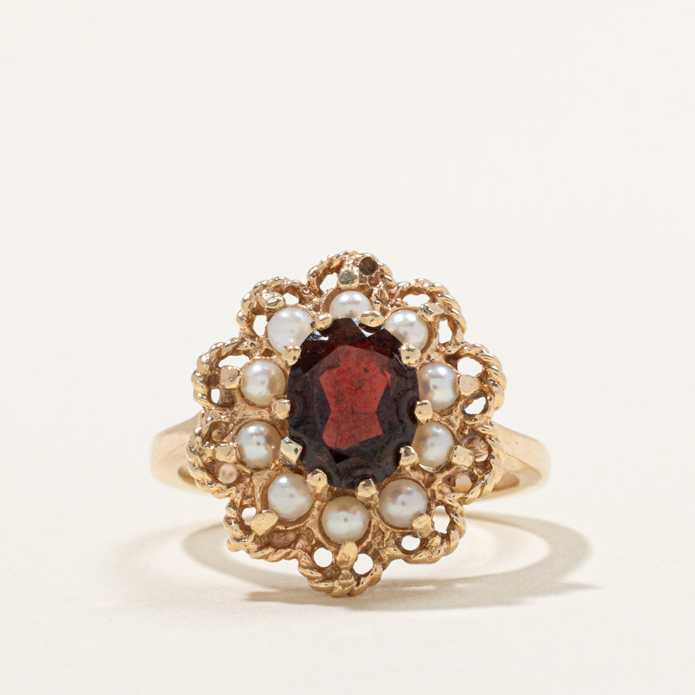 10k Garnet & Seed Pearl Halo Floral Ring | 1.25ct | SZ 5.75