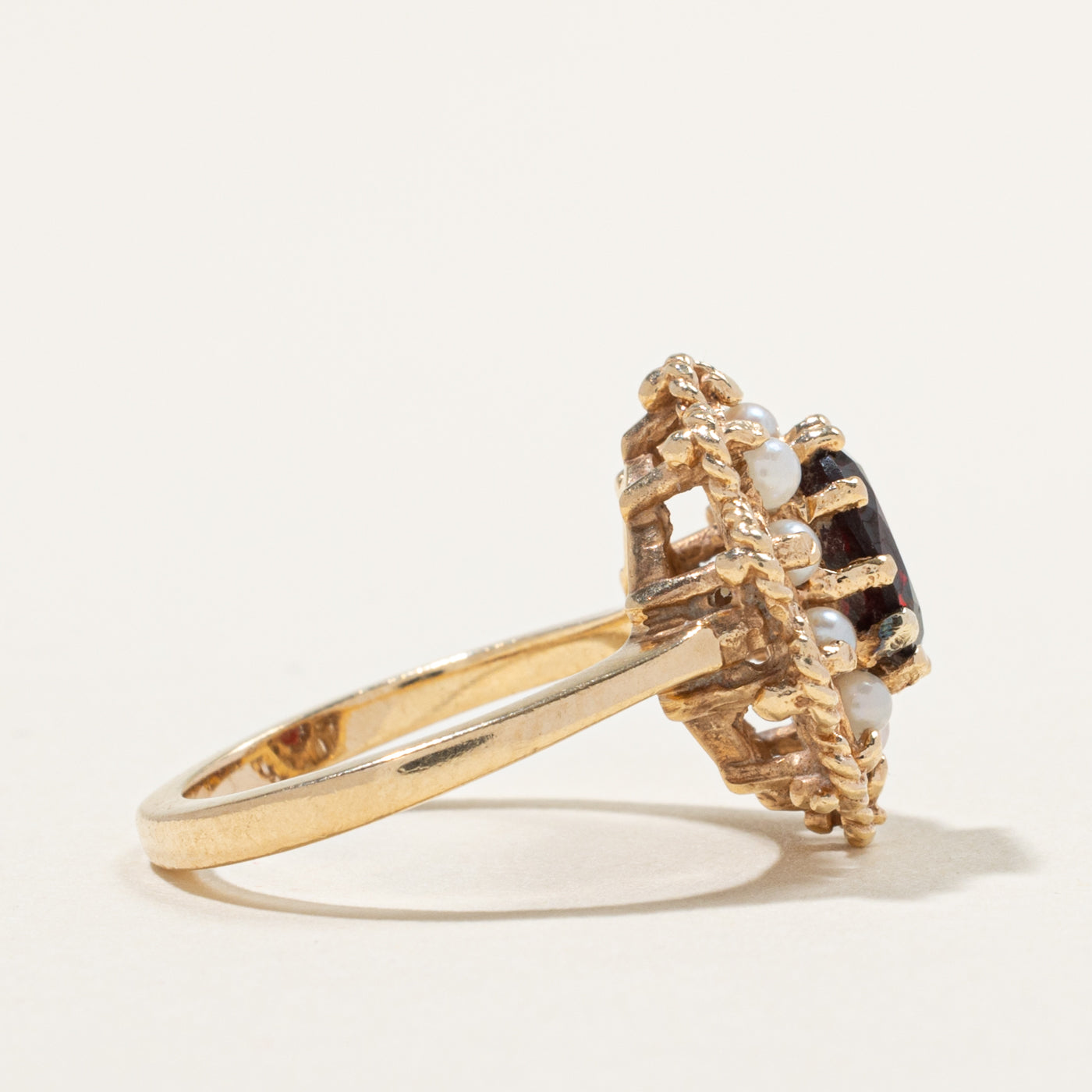 10k Garnet & Seed Pearl Halo Floral Ring | 1.25ct | SZ 5.75