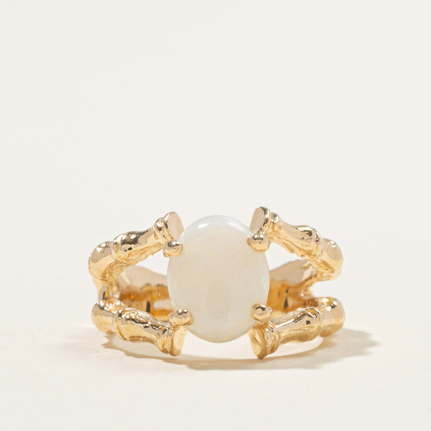 14k Solitaire Opal Open Shank Bamboo Ring | 1.25ct | SZ 5.75