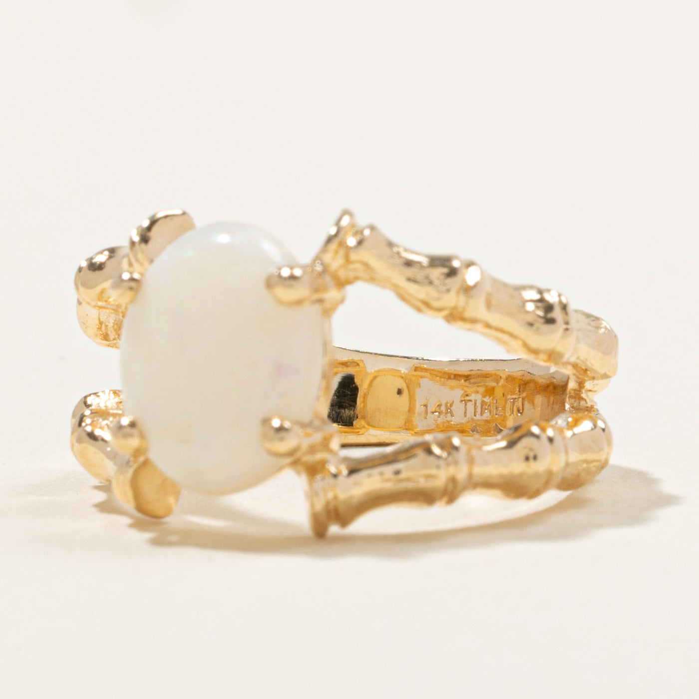 14k Solitaire Opal Open Shank Bamboo Ring | 1.25ct | SZ 5.75