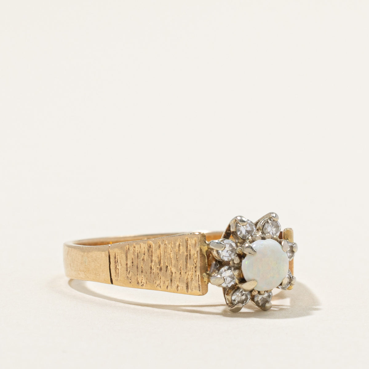 10k Opal & Diamond Petal Textured Ring | 0.25ct, 0.16ctw | SZ 8.5