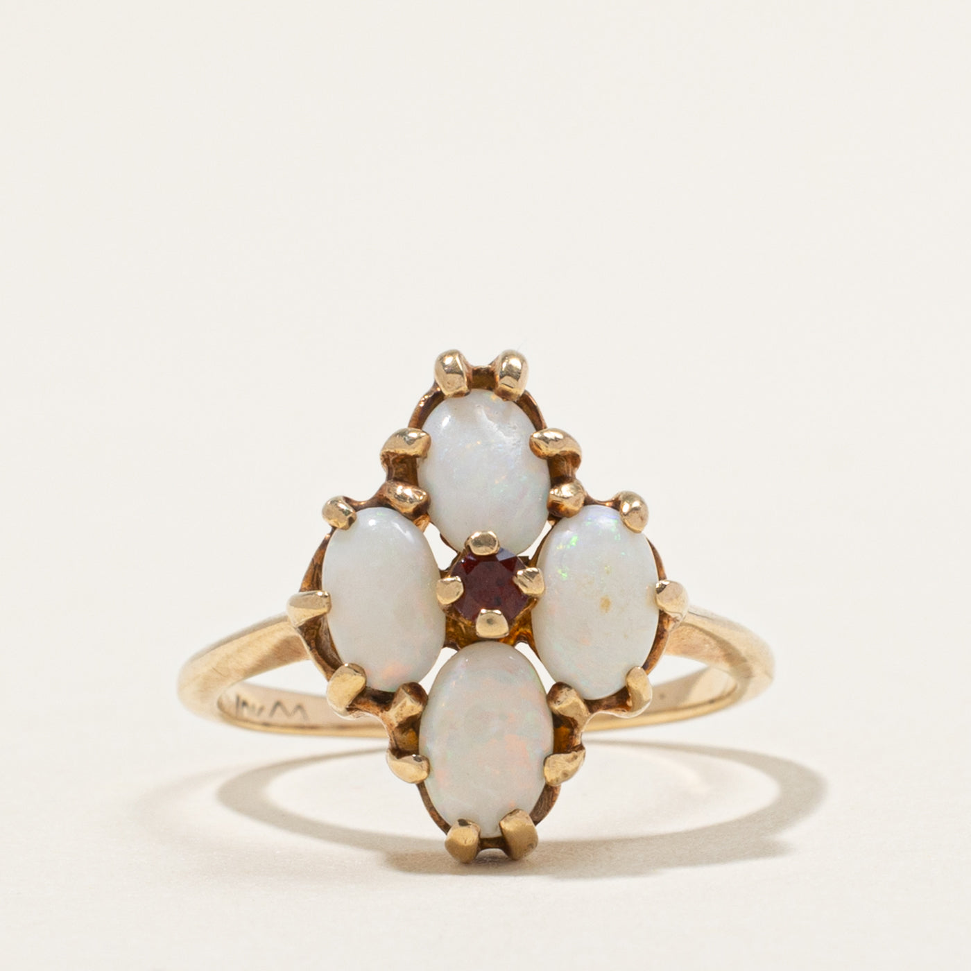 10k Oval Cut Opal & Garnet Accented Cluster Ring | 1.26ctw | SZ 5.75