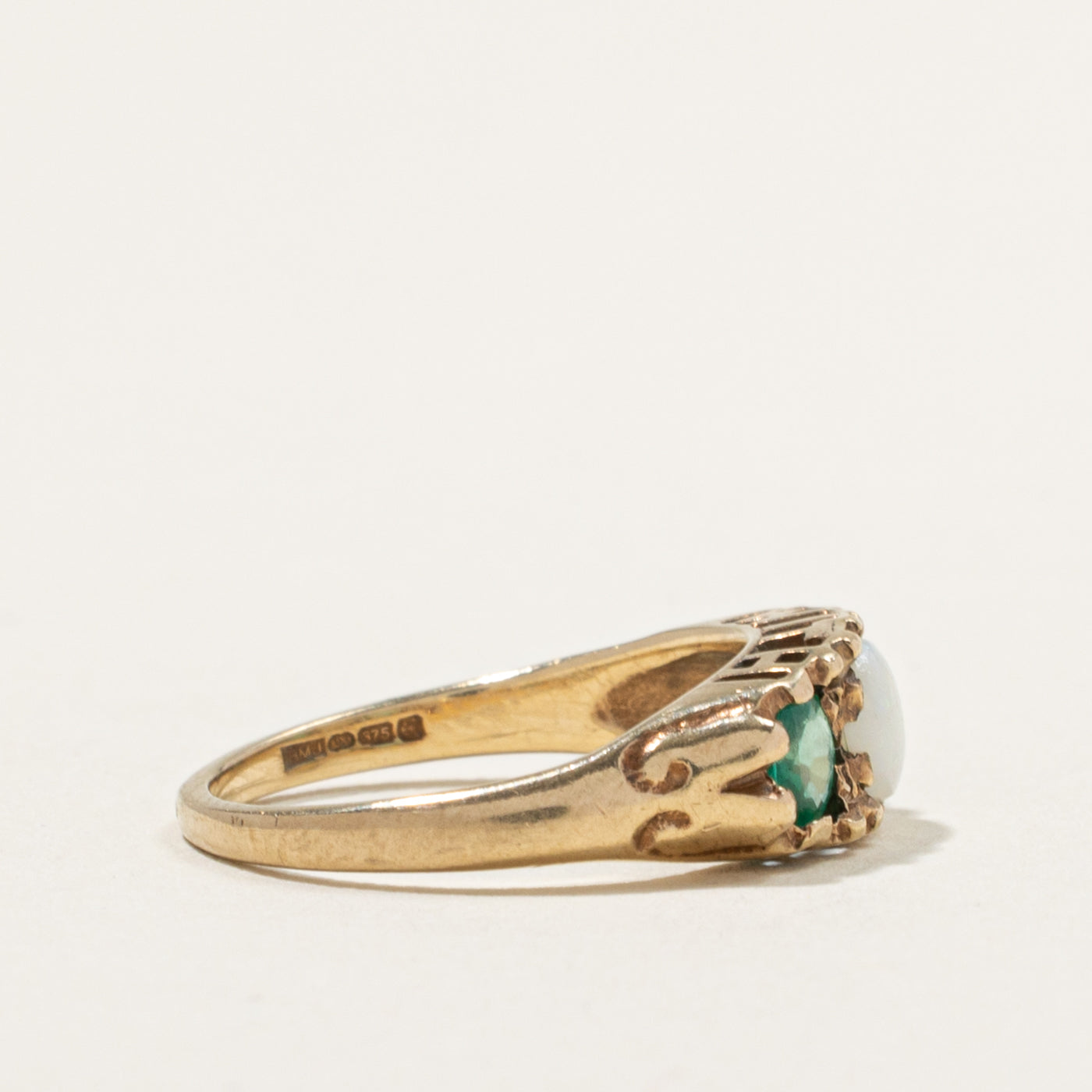 9k Three Stone Opal & Emerald Three Stone Ring | 0.75ctw | SZ 4.75