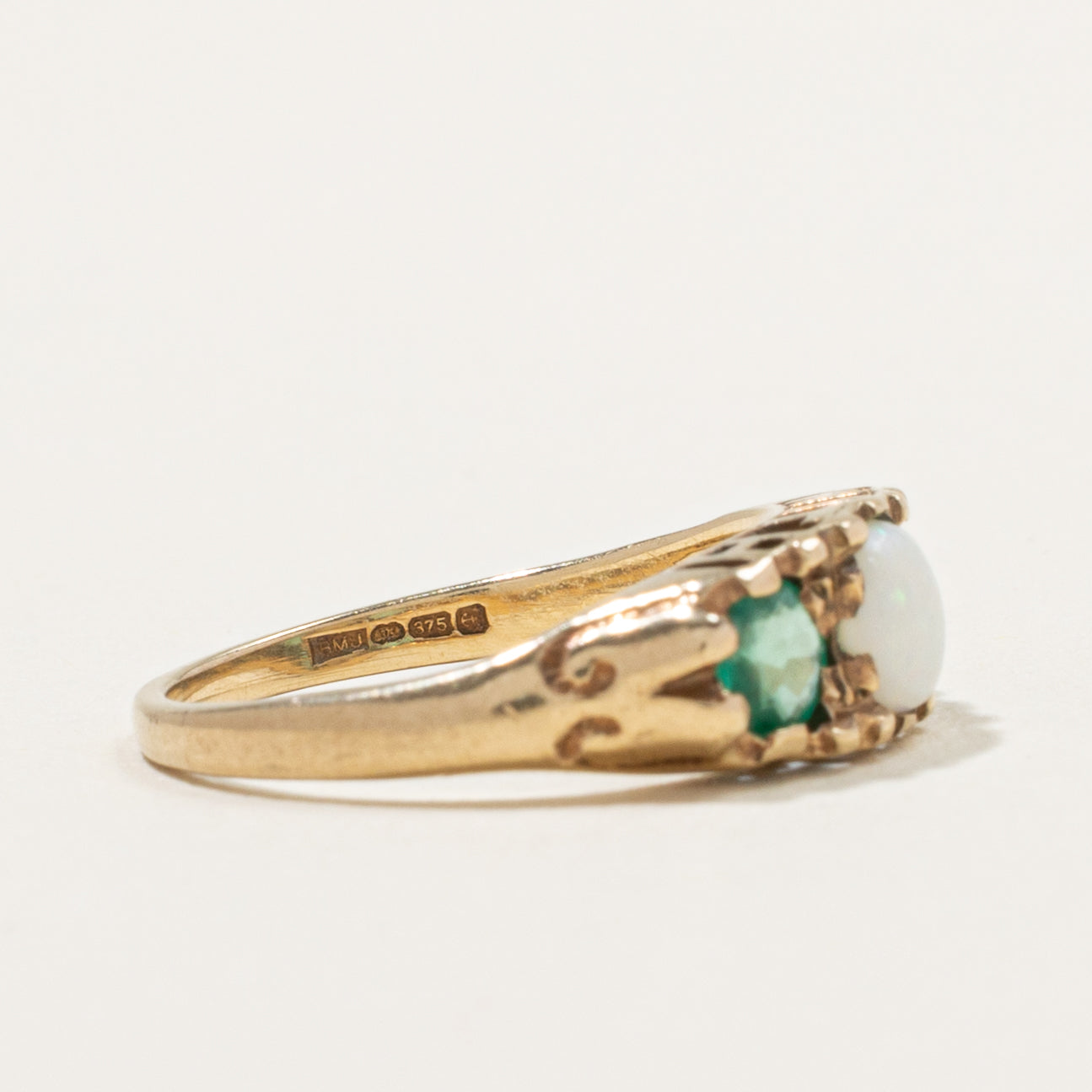 9k Three Stone Opal & Emerald Three Stone Ring | 0.75ctw | SZ 4.75