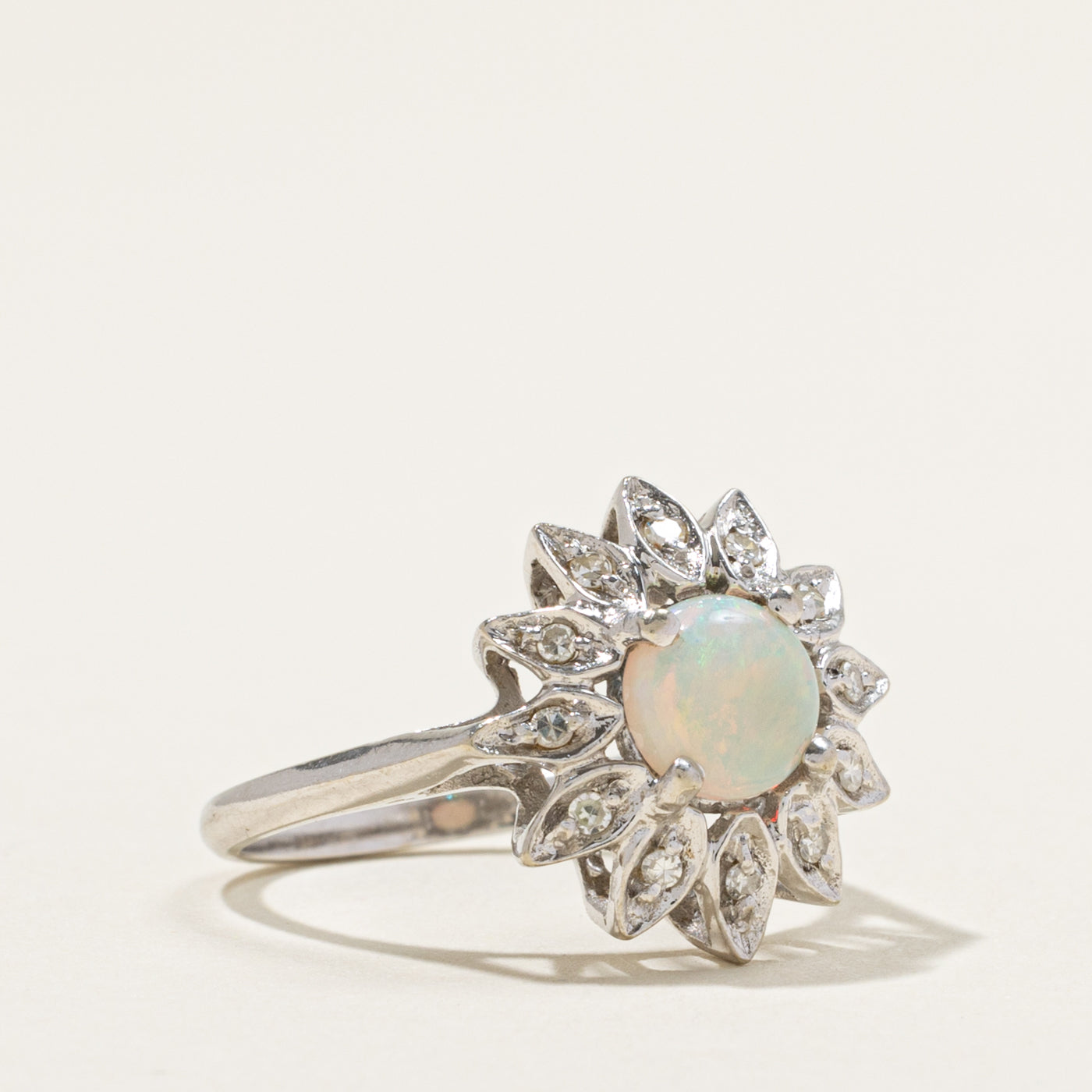 14k Opal & Diamond Flower Ring | 0.80ct, 0.18ctw | SZ 6.75