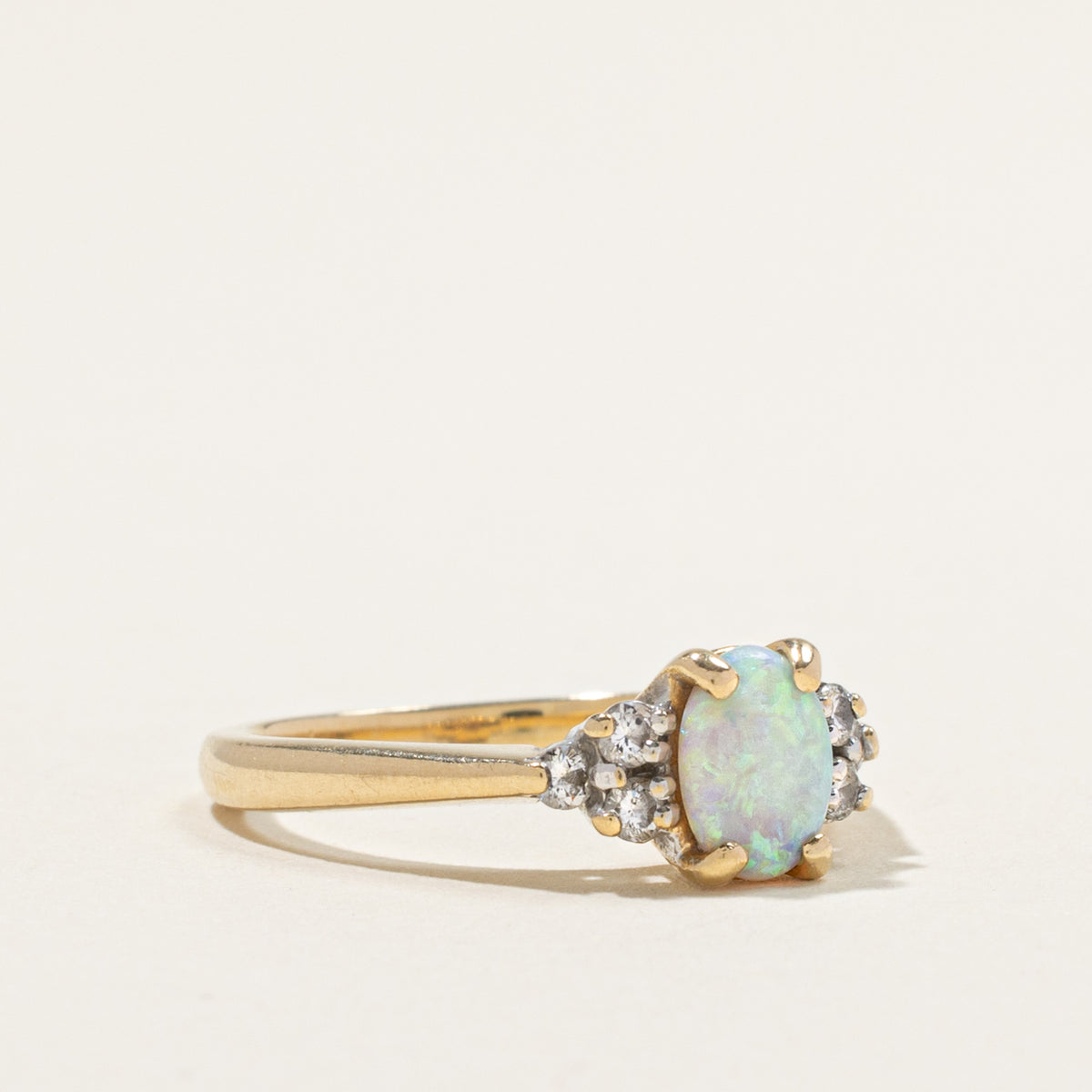14k Oval Cabochon Opal & Diamond Accented Ring | 0.50ct, 0.18ctw | SZ 7