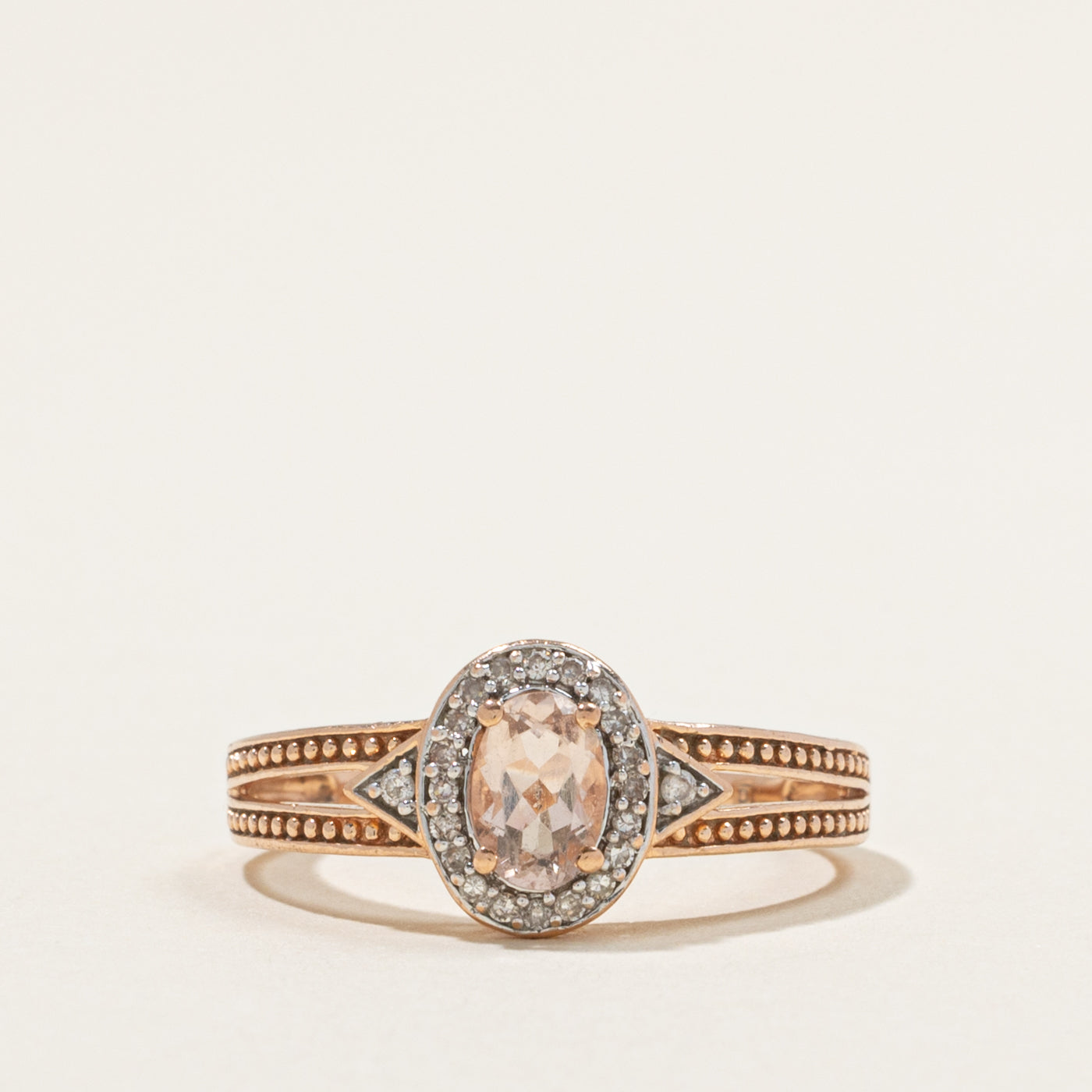 10k Morganite & Diamond Halo Textured Ring | 0.45ct, 0.12ctw | SZ 6.75