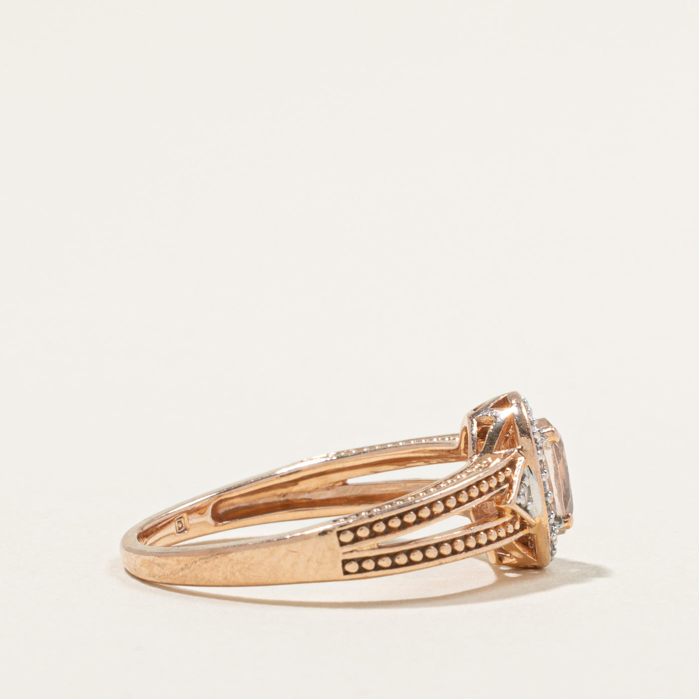 10k Morganite & Diamond Halo Textured Ring | 0.45ct, 0.12ctw | SZ 6.75