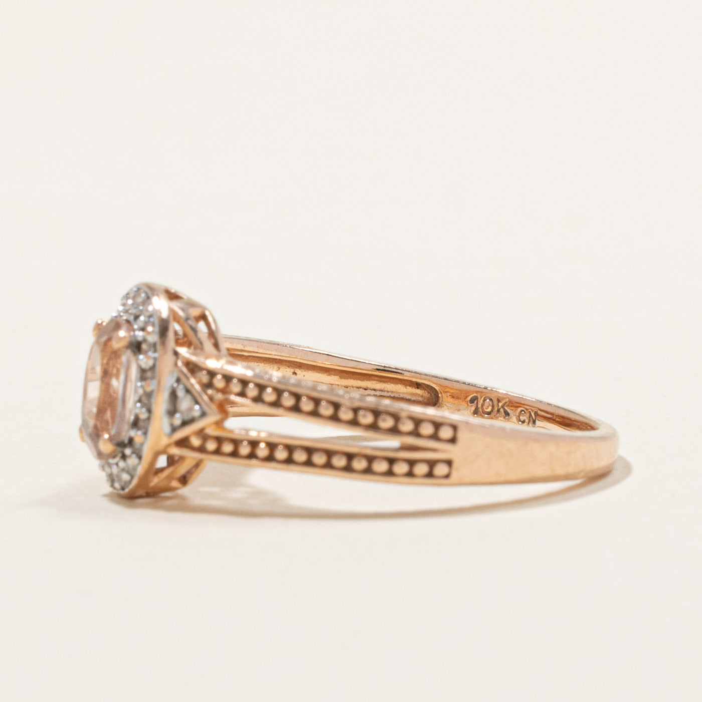 10k Morganite & Diamond Halo Textured Ring | 0.45ct, 0.12ctw | SZ 6.75