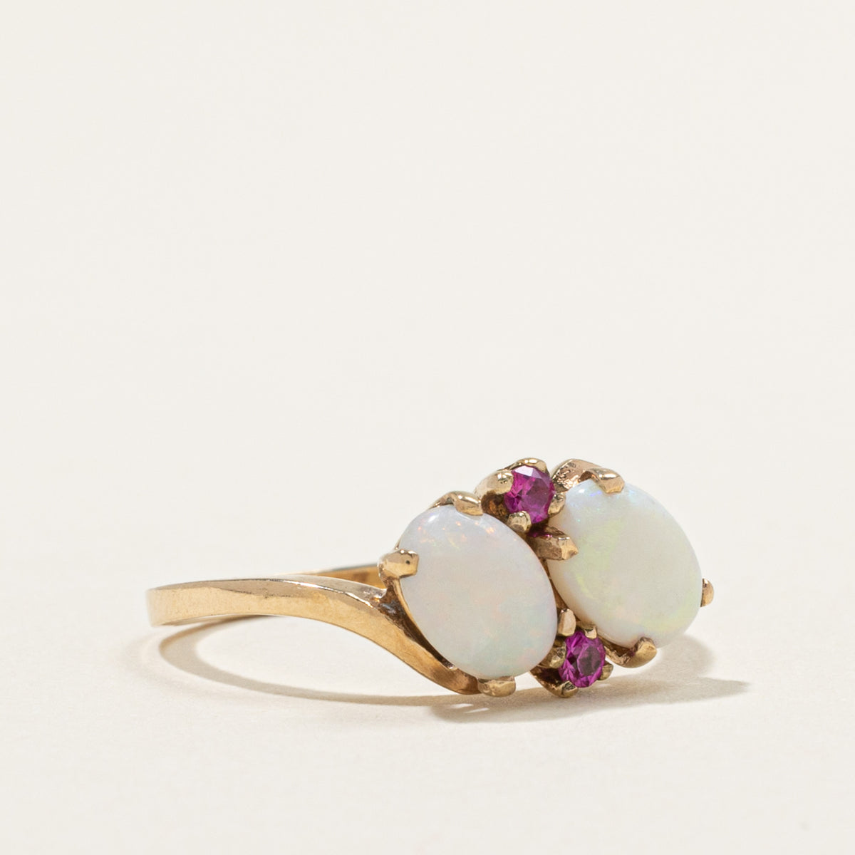 10k Toi et Moi Opal & Synthetic Ruby Accented Bypass Ring | 1.10ctw | SZ 6.75